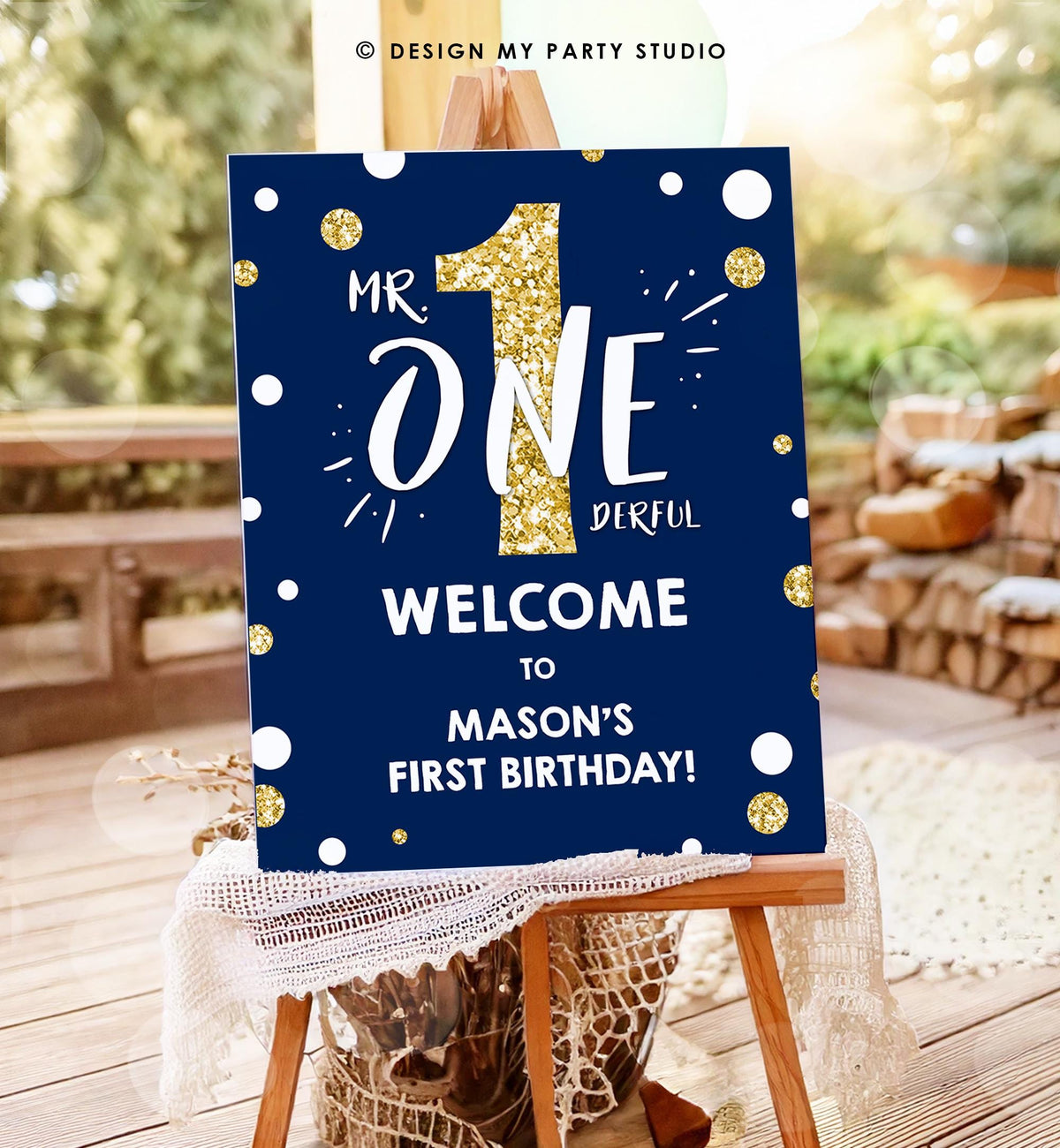 Editable Mr Onederful Birthday Welcome Sign Navy Royal Blue Gold Boy First 1st Birthday Digital Download Template Printable 0072