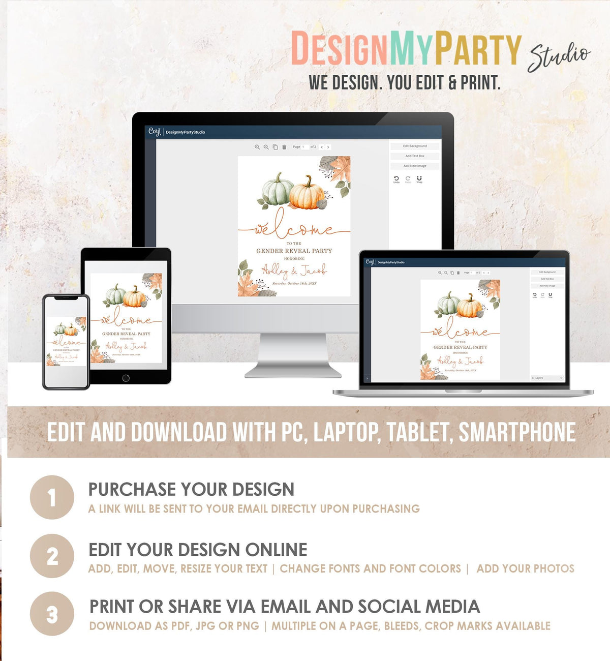 Editable Pumpkin Gender Reveal Party Welcome Sign Baby Shower He or She Gender Neutral Boy or Girl Fall Boho Digital Template Printable 0489