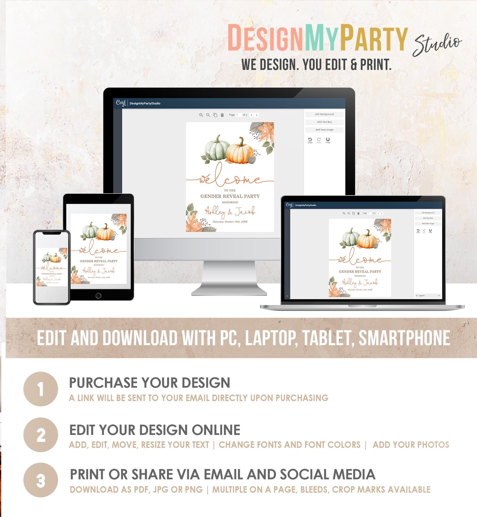 Editable Pumpkin Gender Reveal Party Welcome Sign Baby Shower He or She Gender Neutral Boy or Girl Fall Boho Digital Template Printable 0489