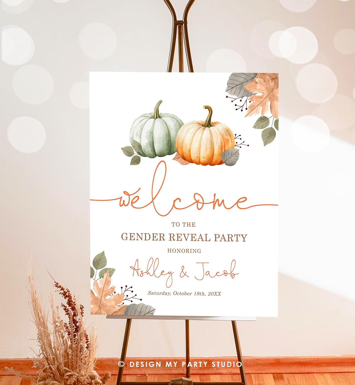 Editable Pumpkin Gender Reveal Party Welcome Sign Baby Shower He or She Gender Neutral Boy or Girl Fall Boho Digital Template Printable 0489