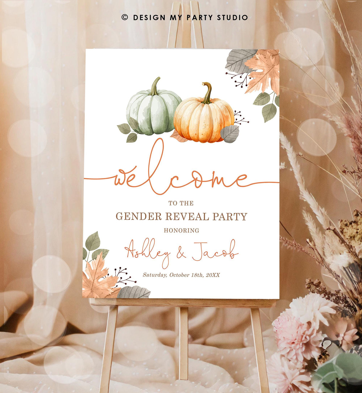 Editable Pumpkin Gender Reveal Party Welcome Sign Baby Shower He or She Gender Neutral Boy or Girl Fall Boho Digital Template Printable 0489