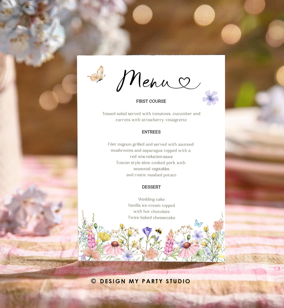 Editable Wildflowers Menu Card Wildflower Butterfly Baby Shower Birthday Pink Floral Baby in Bloom Digital Download Template Printable 0543