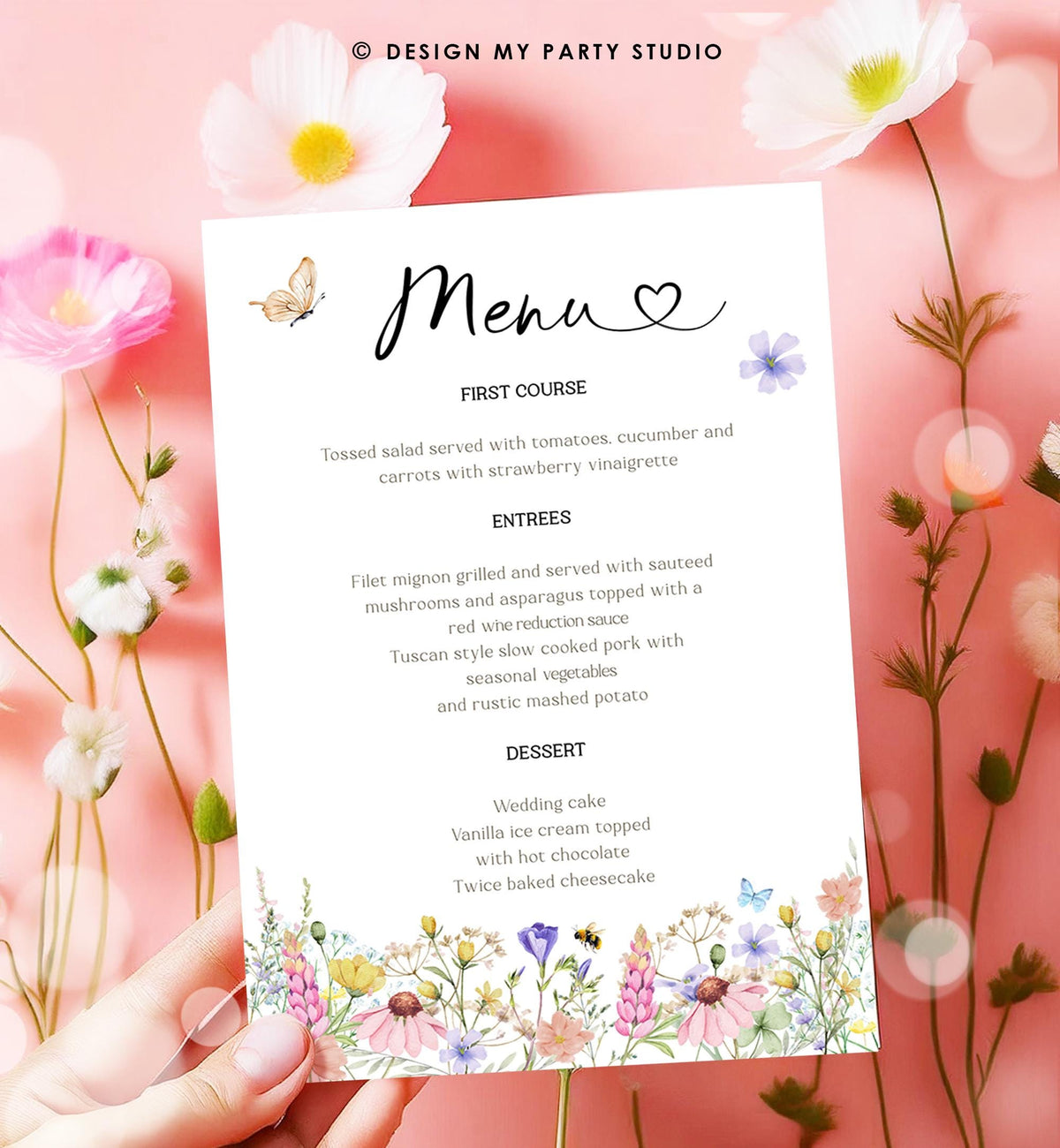Editable Wildflowers Menu Card Wildflower Butterfly Baby Shower Birthday Pink Floral Baby in Bloom Digital Download Template Printable 0543