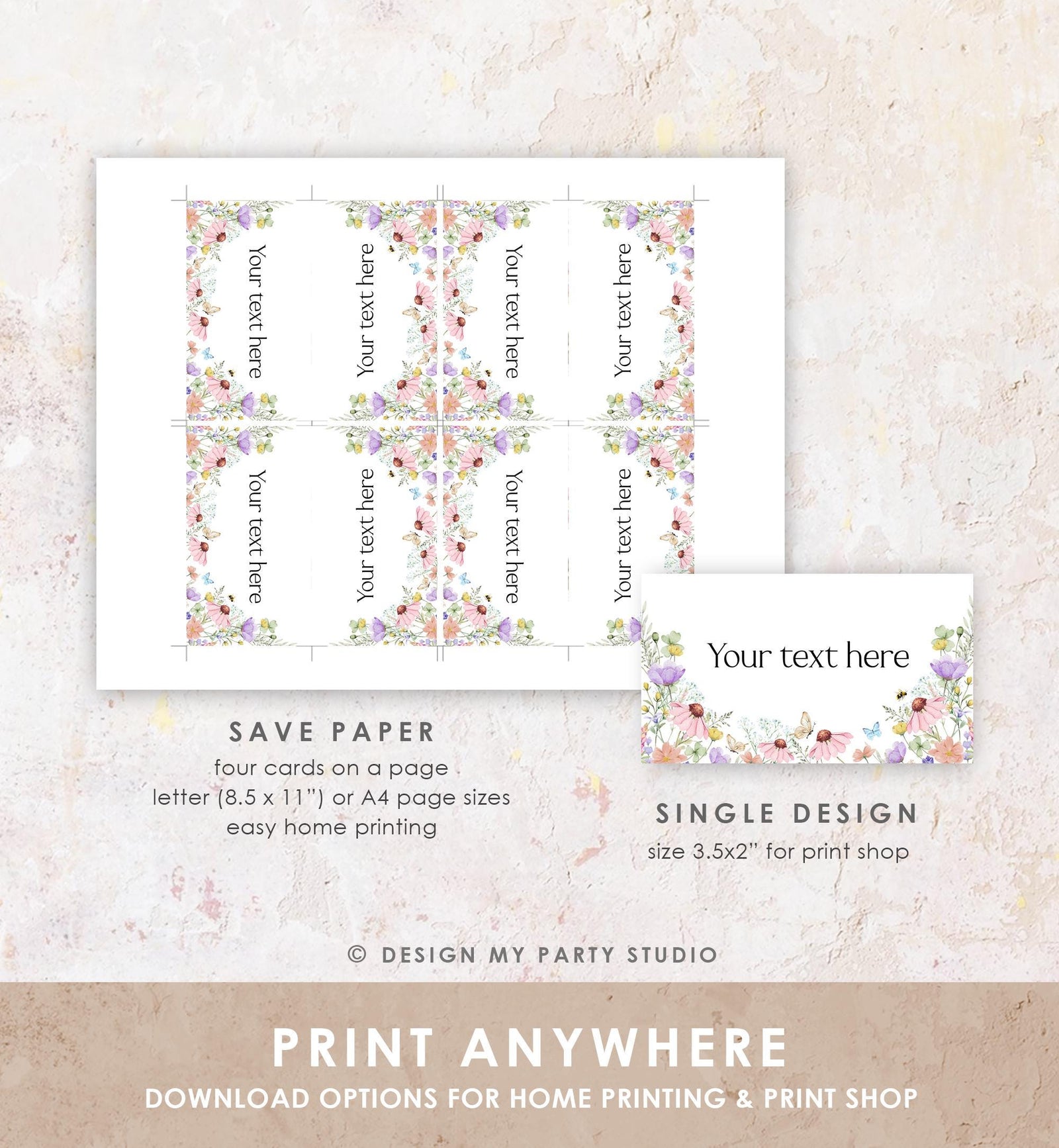 Editable Wildflowers Food Label Wildflower Birthday Baby Shower Place Card Tent Buffet Pink Girl Butterfly Digital Template Printable 0543