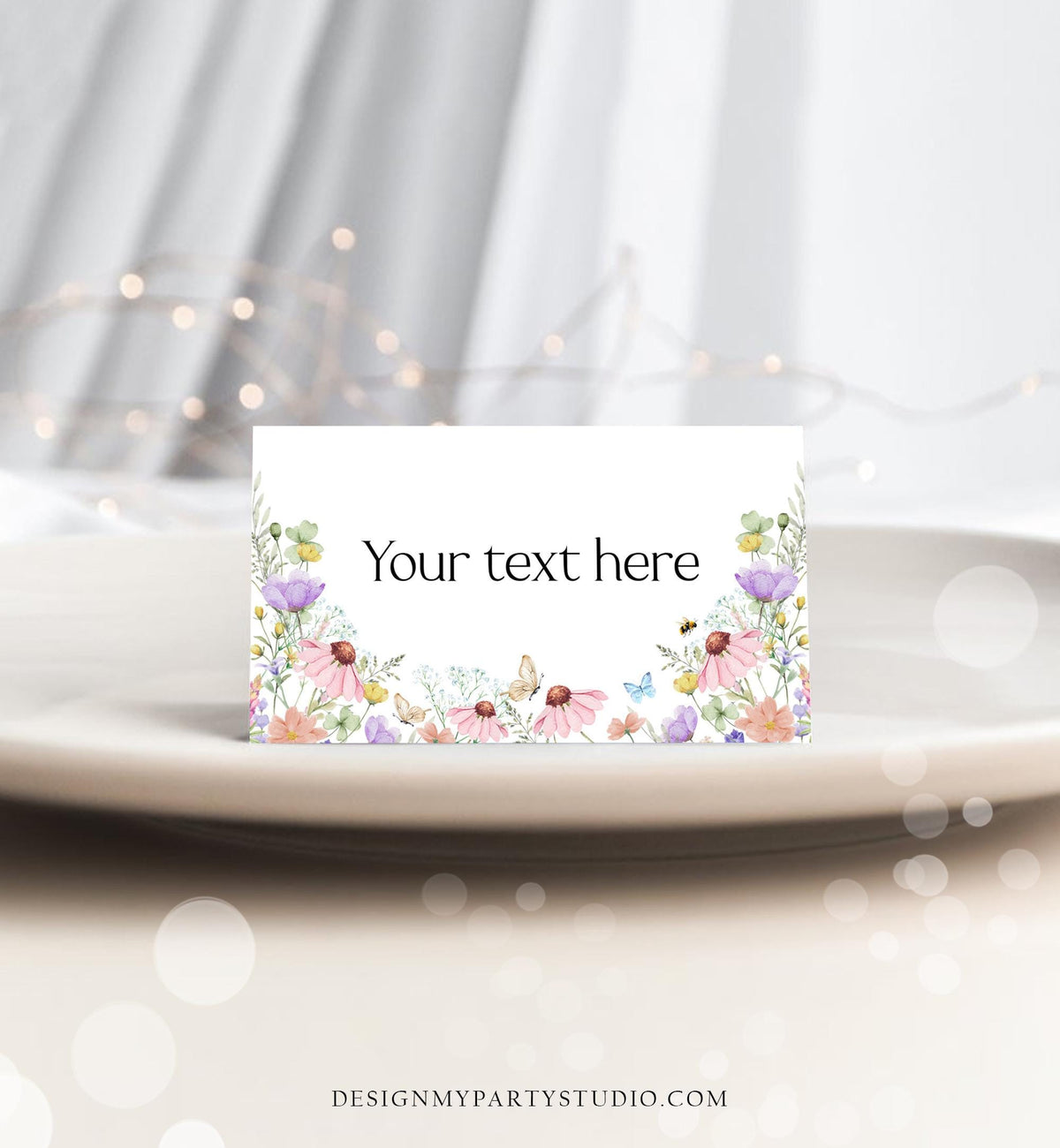 Editable Wildflowers Food Label Wildflower Birthday Baby Shower Place Card Tent Buffet Pink Girl Butterfly Digital Template Printable 0543