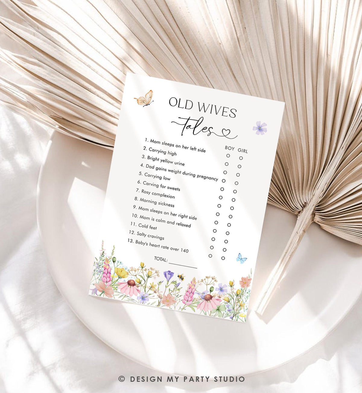 Editable Old Wives Tales Game Card Wildflowers Baby Shower Game Guess Game Baby in Bloom Butterflies Digital Template Printable 0543