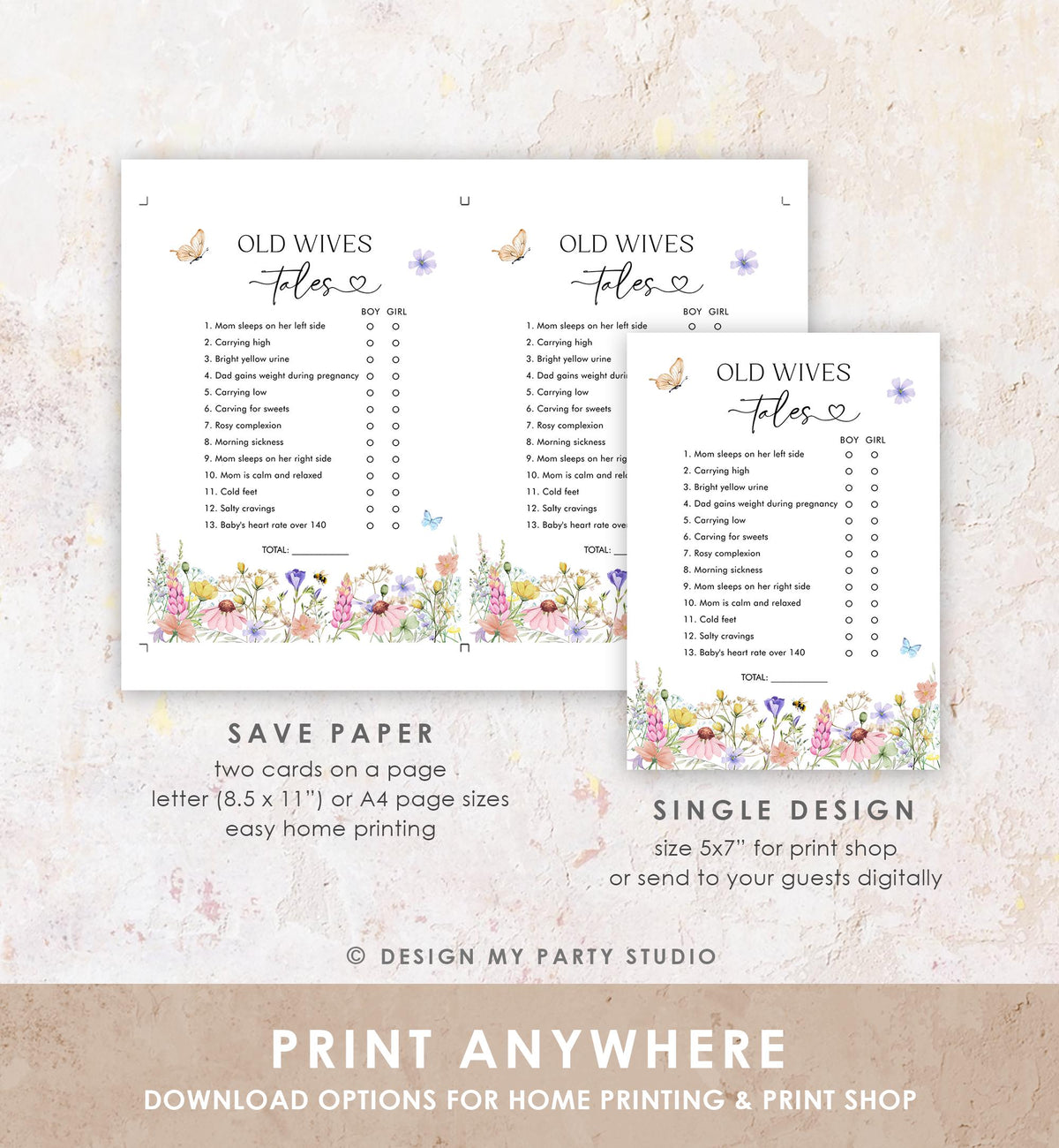 Editable Old Wives Tales Game Card Wildflowers Baby Shower Game Guess Game Baby in Bloom Butterflies Digital Template Printable 0543