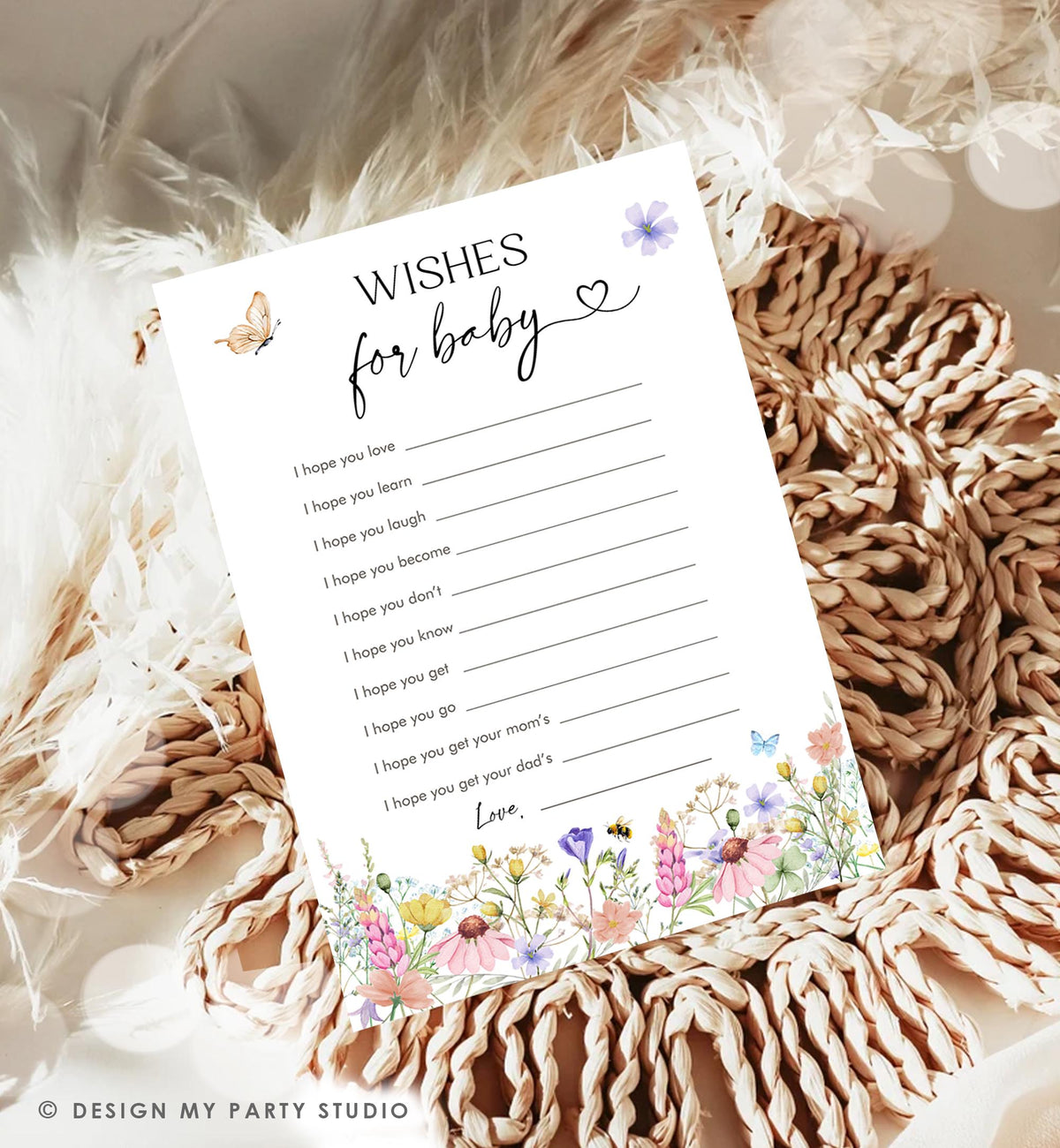 Editable Wishes for Baby Game Cards Wildflowers Baby Shower Game Butterfly Baby in Bloom Shower Activity Download Template Printable 0543