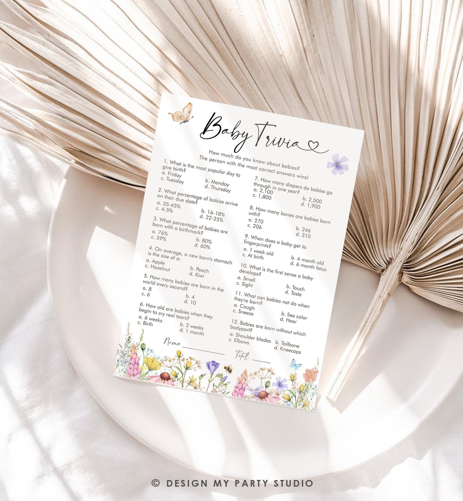 Editable Baby Trivia Questions Game Card Wildflowers Baby Shower Butterfly Baby in Bloom Shower Activity Download Template Printable 0543