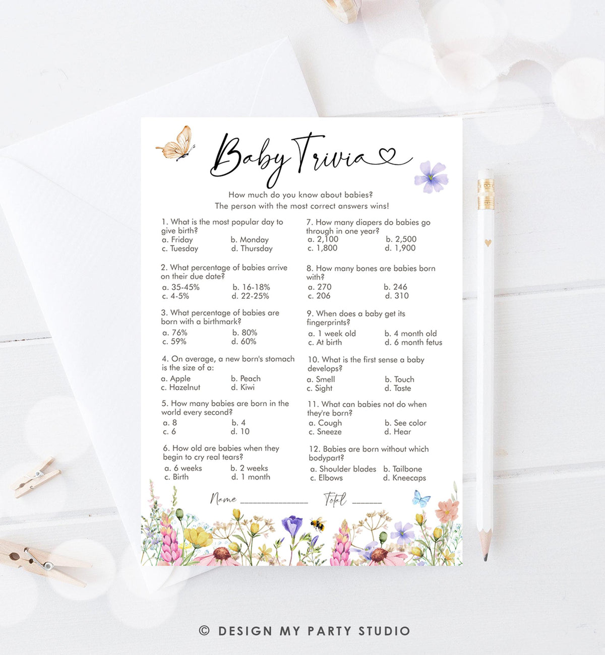 Editable Baby Trivia Questions Game Card Wildflowers Baby Shower Butterfly Baby in Bloom Shower Activity Download Template Printable 0543