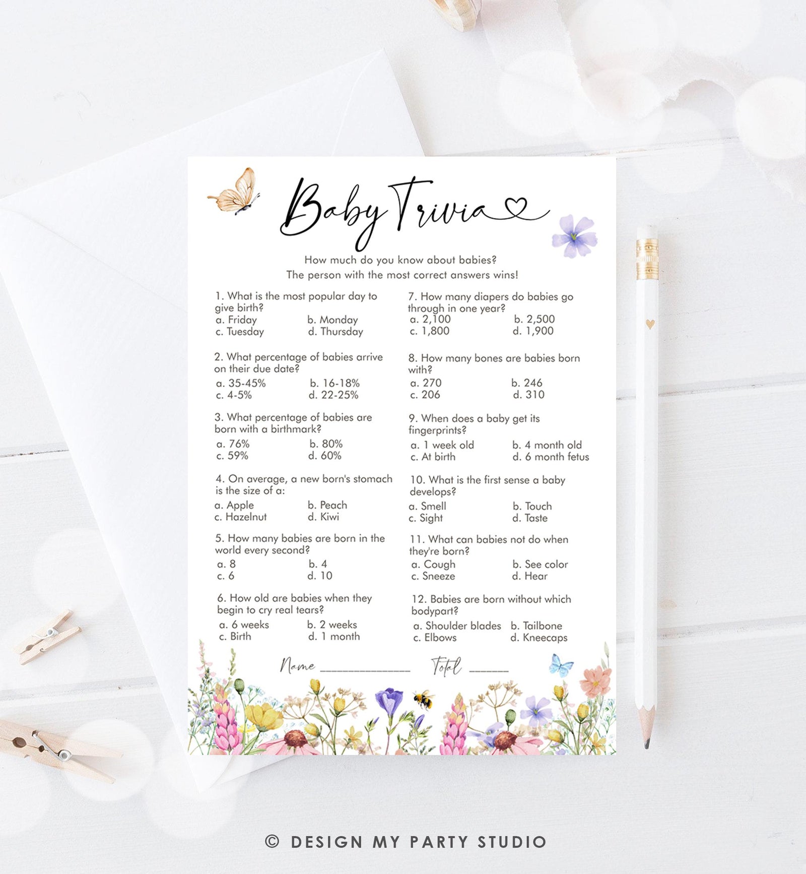 Editable Baby Trivia Questions Game Card Wildflowers Baby Shower Butterfly Baby in Bloom Shower Activity Download Template Printable 0543