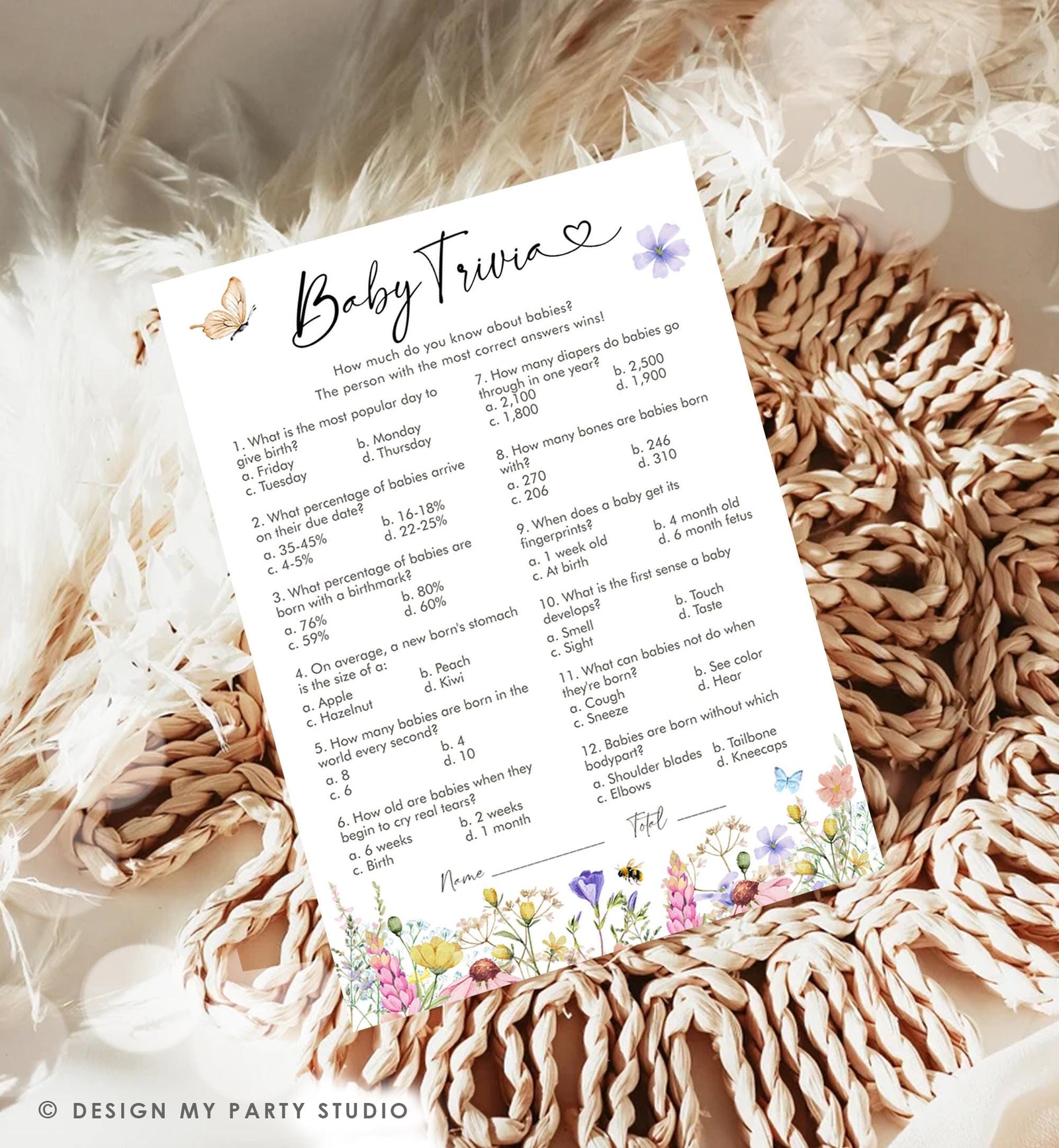 Editable Baby Trivia Questions Game Card Wildflowers Baby Shower Butterfly Baby in Bloom Shower Activity Download Template Printable 0543