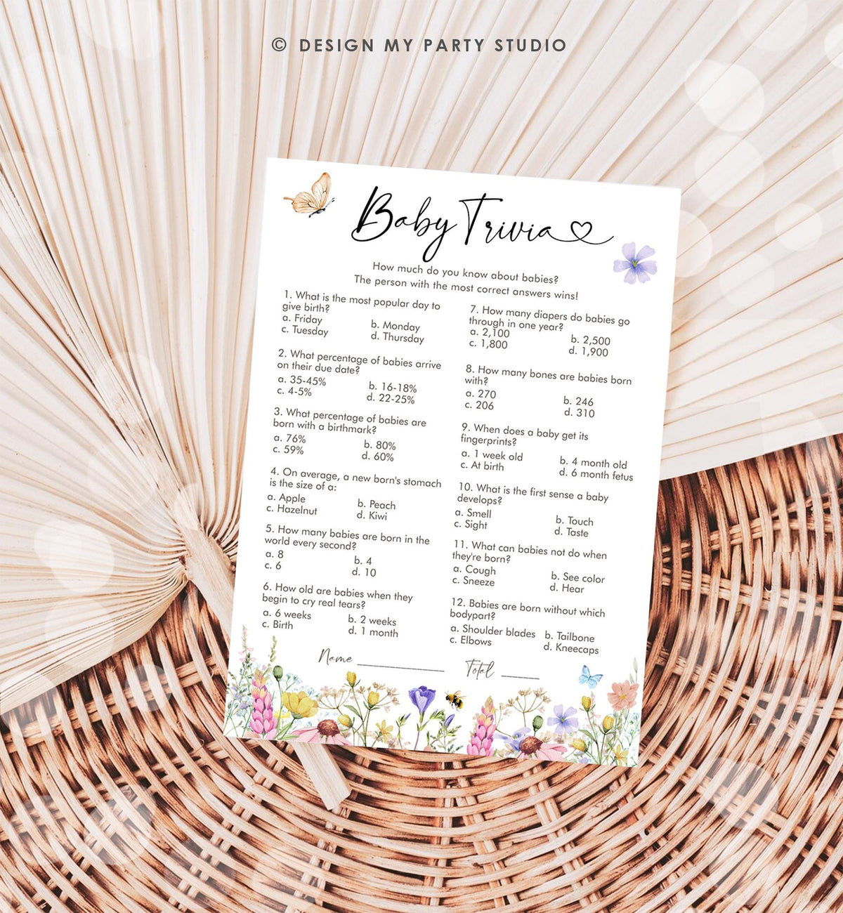 Editable Baby Trivia Questions Game Card Wildflowers Baby Shower Butterfly Baby in Bloom Shower Activity Download Template Printable 0543