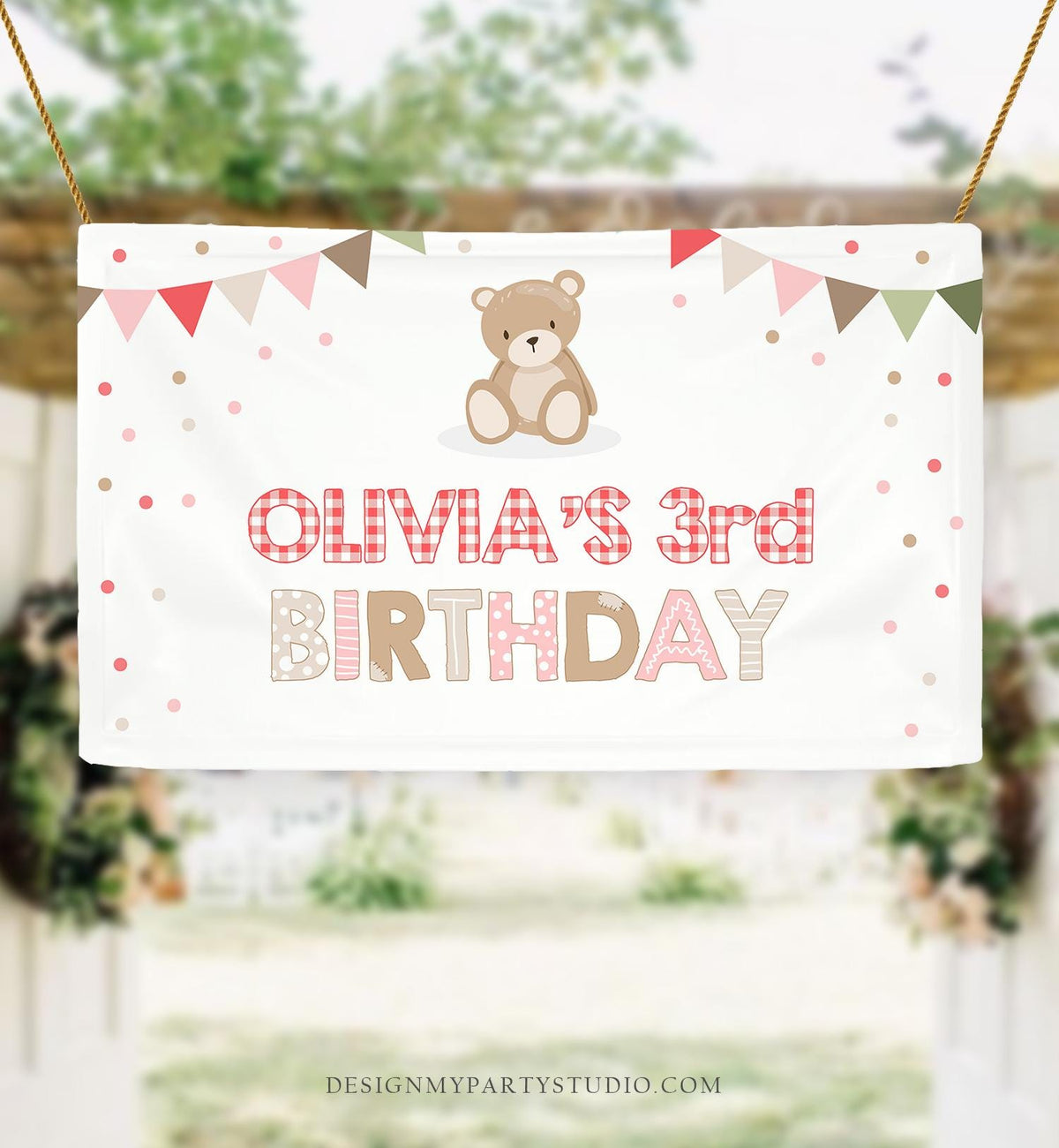 Editable Teddy Bear Birthday Backdrop Banner Teddy Bear Picnic Birthday Welcome Girl Pink Digital Download Template Printable 0100