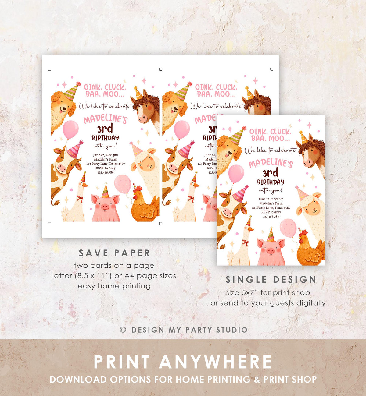 Editable Farm Birthday Invitation Girl Farm Animals Pink Barnyard Party Modern Pastel Download Printable Invite Template Digital 0555