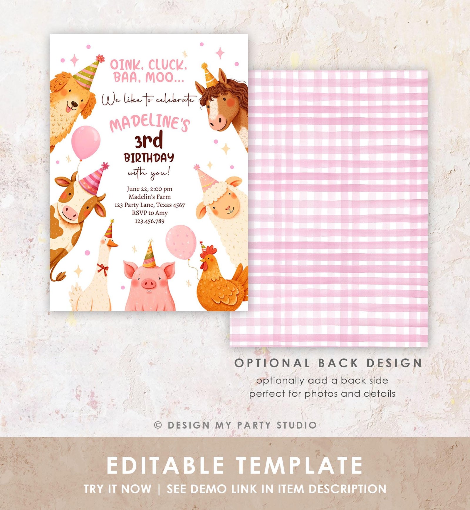 Editable Farm Birthday Invitation Girl Farm Animals Pink Barnyard Party Modern Pastel Download Printable Invite Template Digital 0555