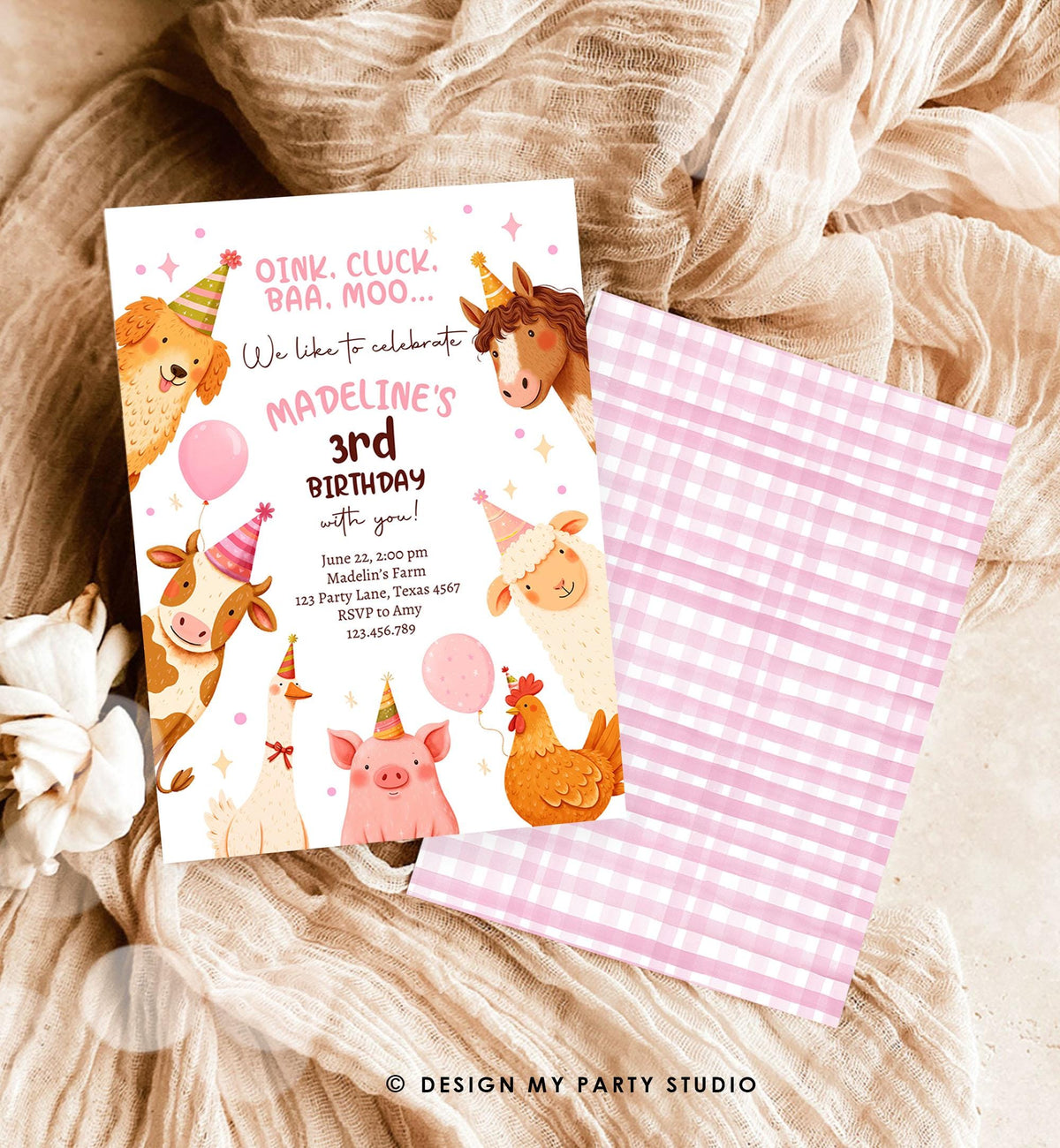 Editable Farm Birthday Invitation Girl Farm Animals Pink Barnyard Party Modern Pastel Download Printable Invite Template Digital 0555