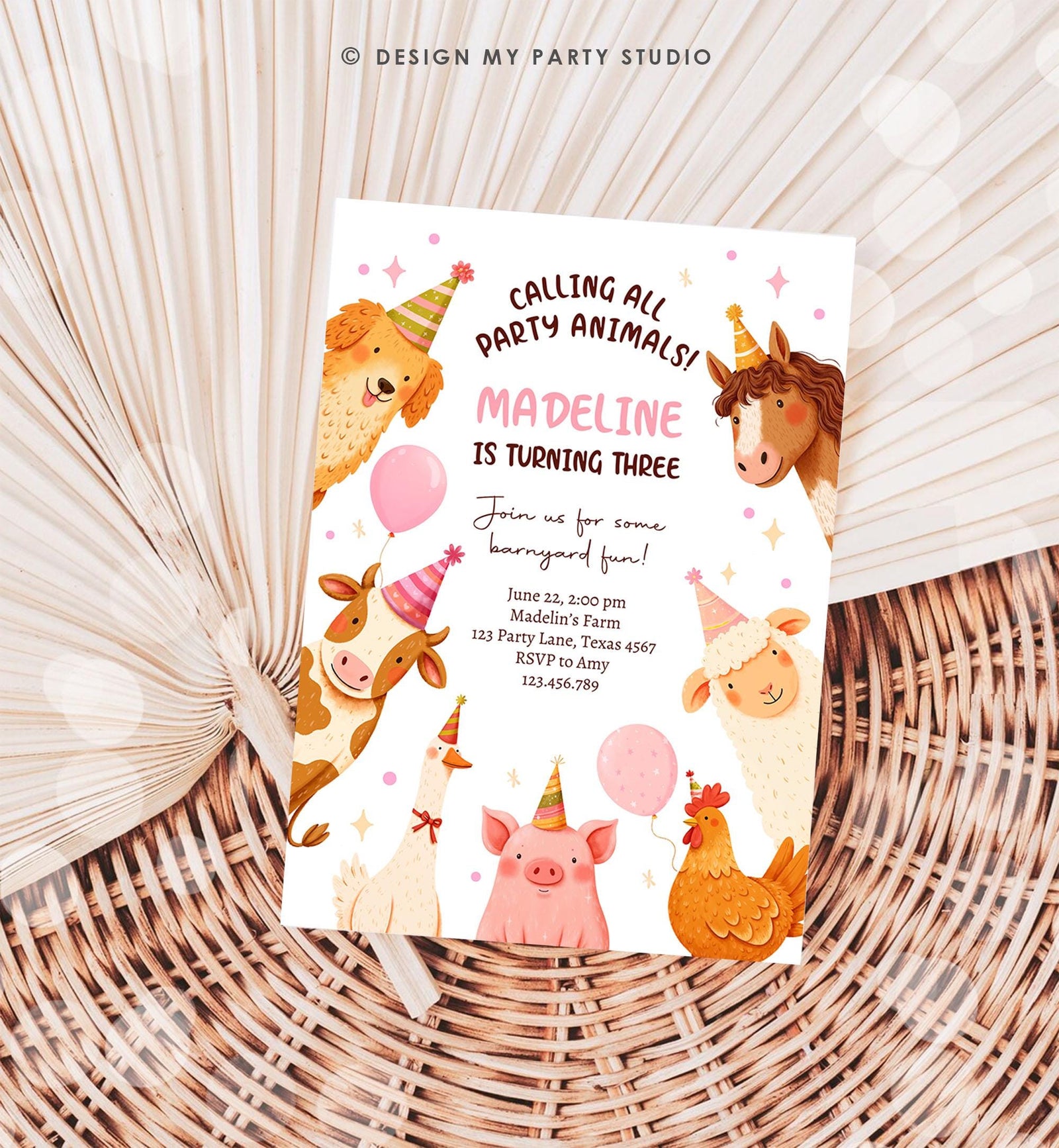 Editable Farm Birthday Invitation Girl Party Animals Pink Barnyard Party Modern Pastel Download Printable Invite Template Digital 0555