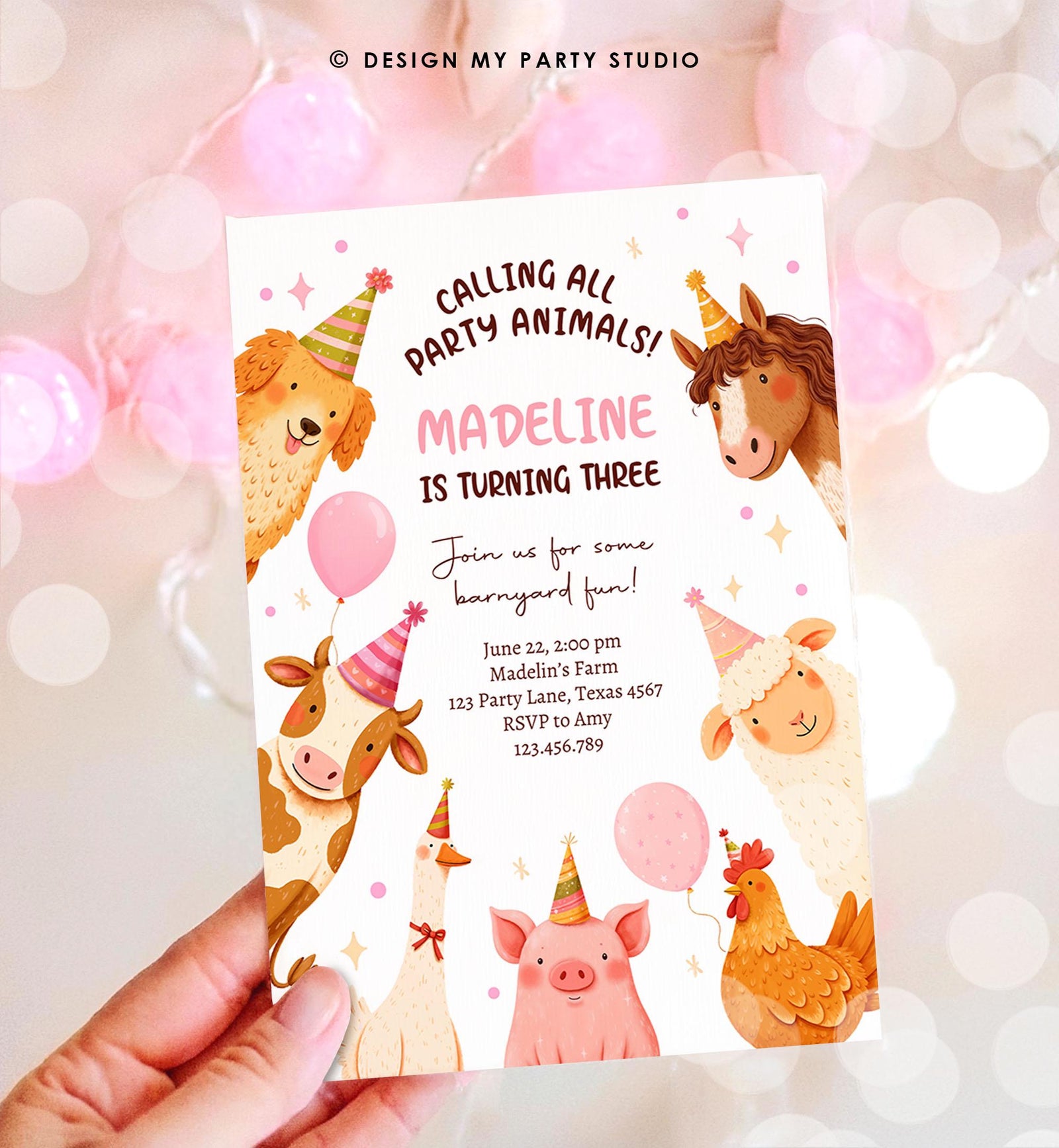 Editable Farm Birthday Invitation Girl Party Animals Pink Barnyard Party Modern Pastel Download Printable Invite Template Digital 0555