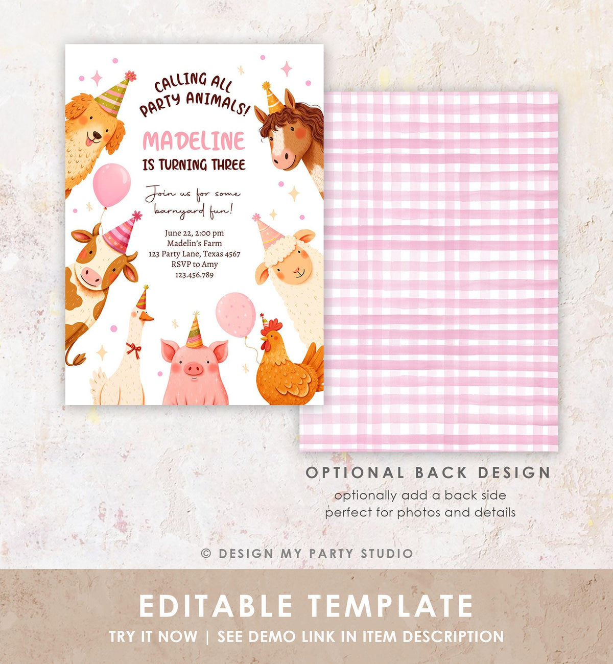 Editable Farm Birthday Invitation Girl Party Animals Pink Barnyard Party Modern Pastel Download Printable Invite Template Digital 0555