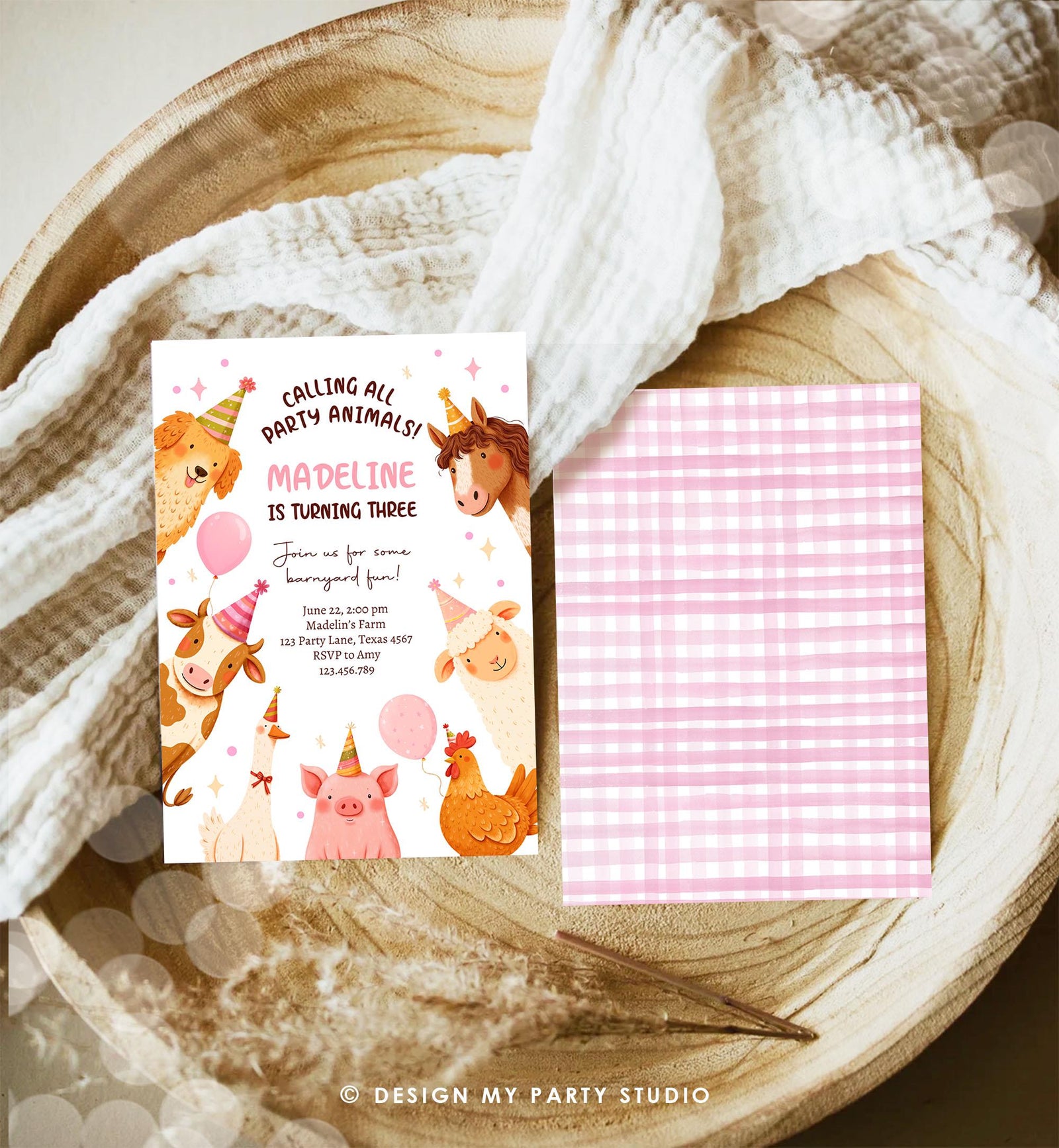 Editable Farm Birthday Invitation Girl Party Animals Pink Barnyard Party Modern Pastel Download Printable Invite Template Digital 0555