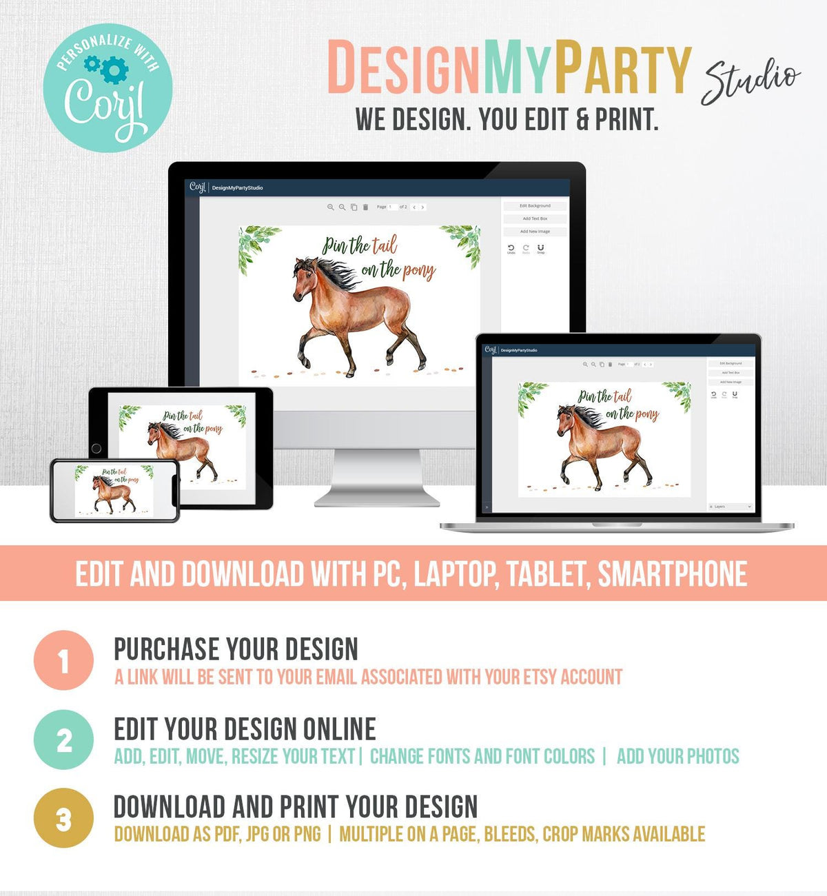 Editable Pin the Tail on the Pony Birthday Game Horse Birthday Party Decor Cowgirl Greenery Boy Girl Digital Template Printable 0408