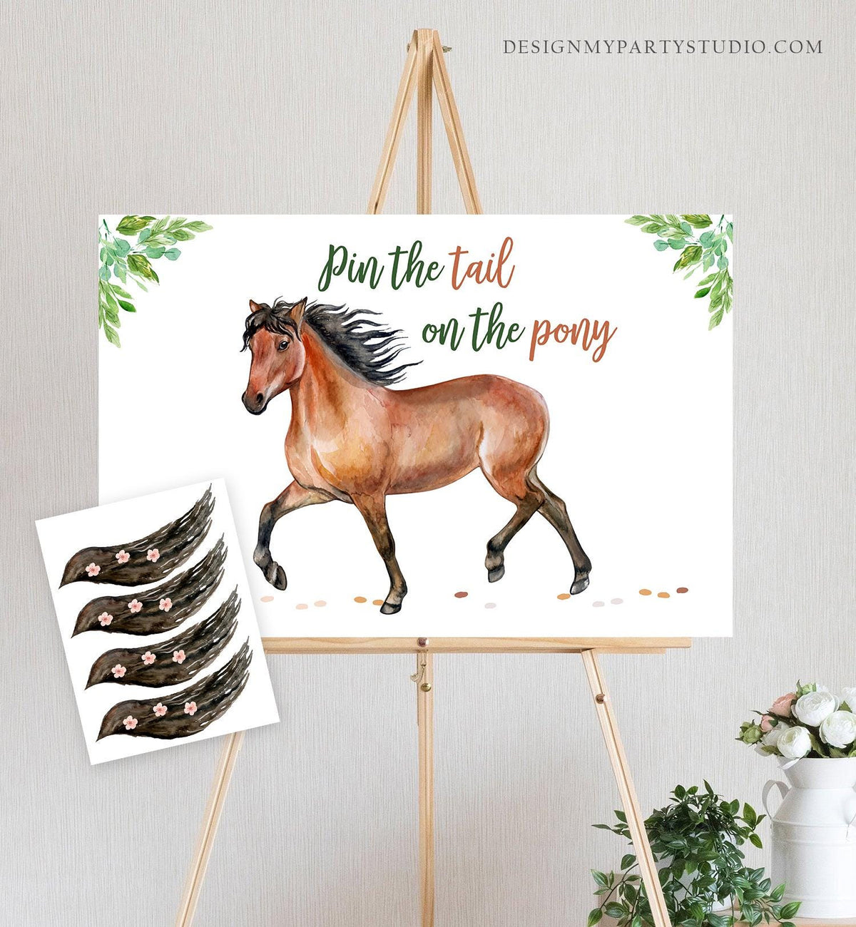 Editable Pin the Tail on the Pony Birthday Game Horse Birthday Party Decor Cowgirl Greenery Boy Girl Digital Template Printable 0408