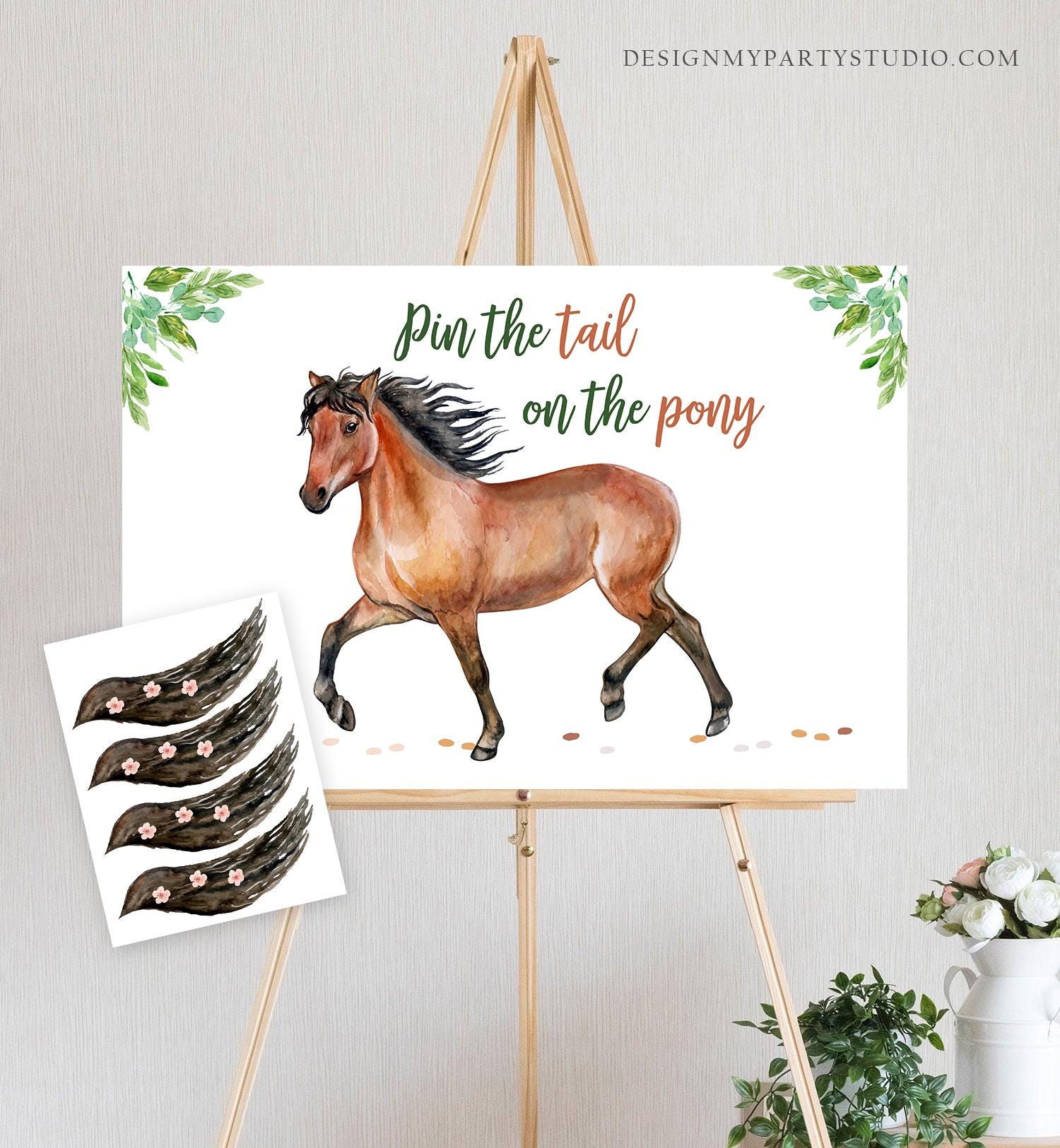 Editable Pin the Tail on the Pony Birthday Game Horse Birthday Party Decor Cowgirl Greenery Boy Girl Digital Template Printable 0408