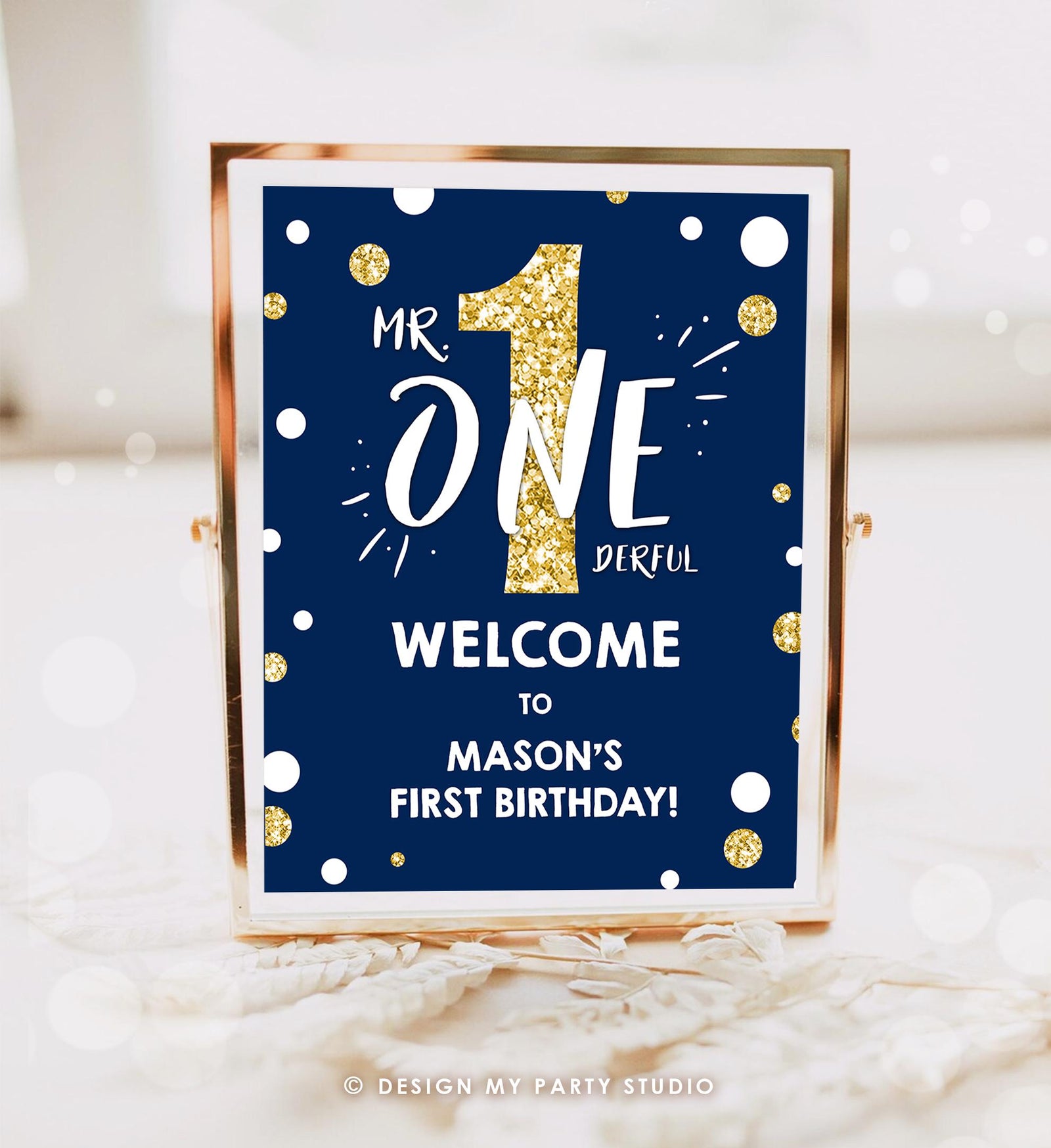 Editable Mr Onederful Birthday Welcome Sign Navy Royal Blue Gold Boy First 1st Birthday Digital Download Template Printable 0072