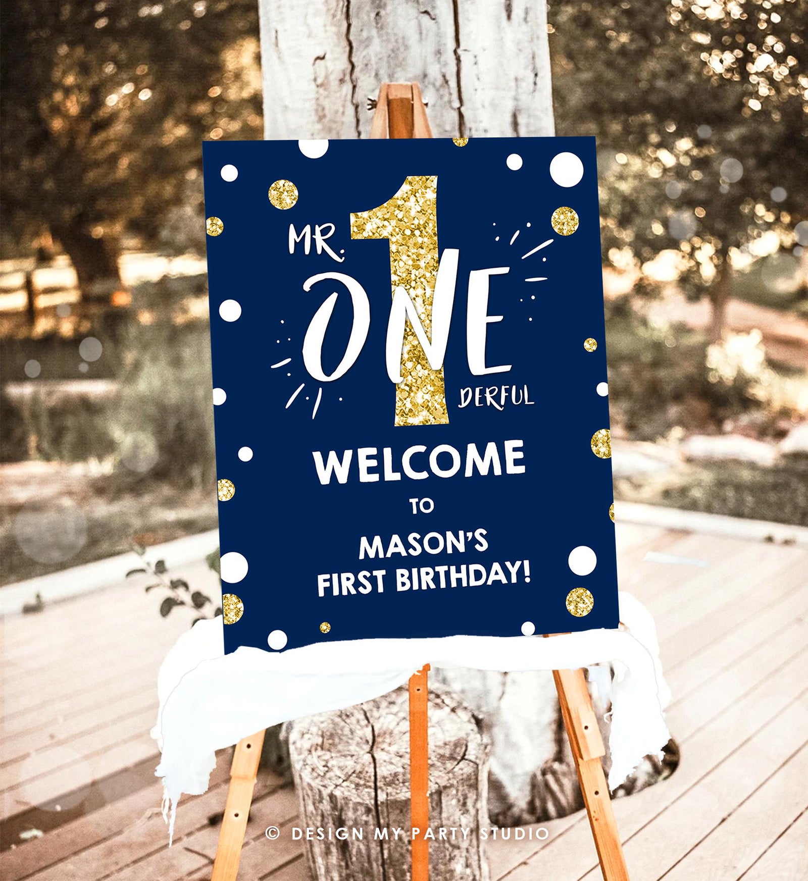 Editable Mr Onederful Birthday Welcome Sign Navy Royal Blue Gold Boy First 1st Birthday Digital Download Template Printable 0072