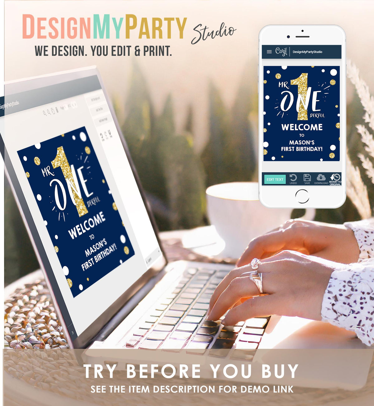 Editable Mr Onederful Birthday Welcome Sign Navy Royal Blue Gold Boy First 1st Birthday Digital Download Template Printable 0072