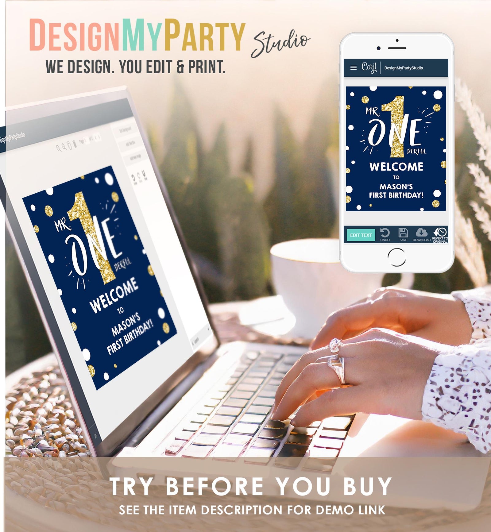 Editable Mr Onederful Birthday Welcome Sign Navy Royal Blue Gold Boy First 1st Birthday Digital Download Template Printable 0072