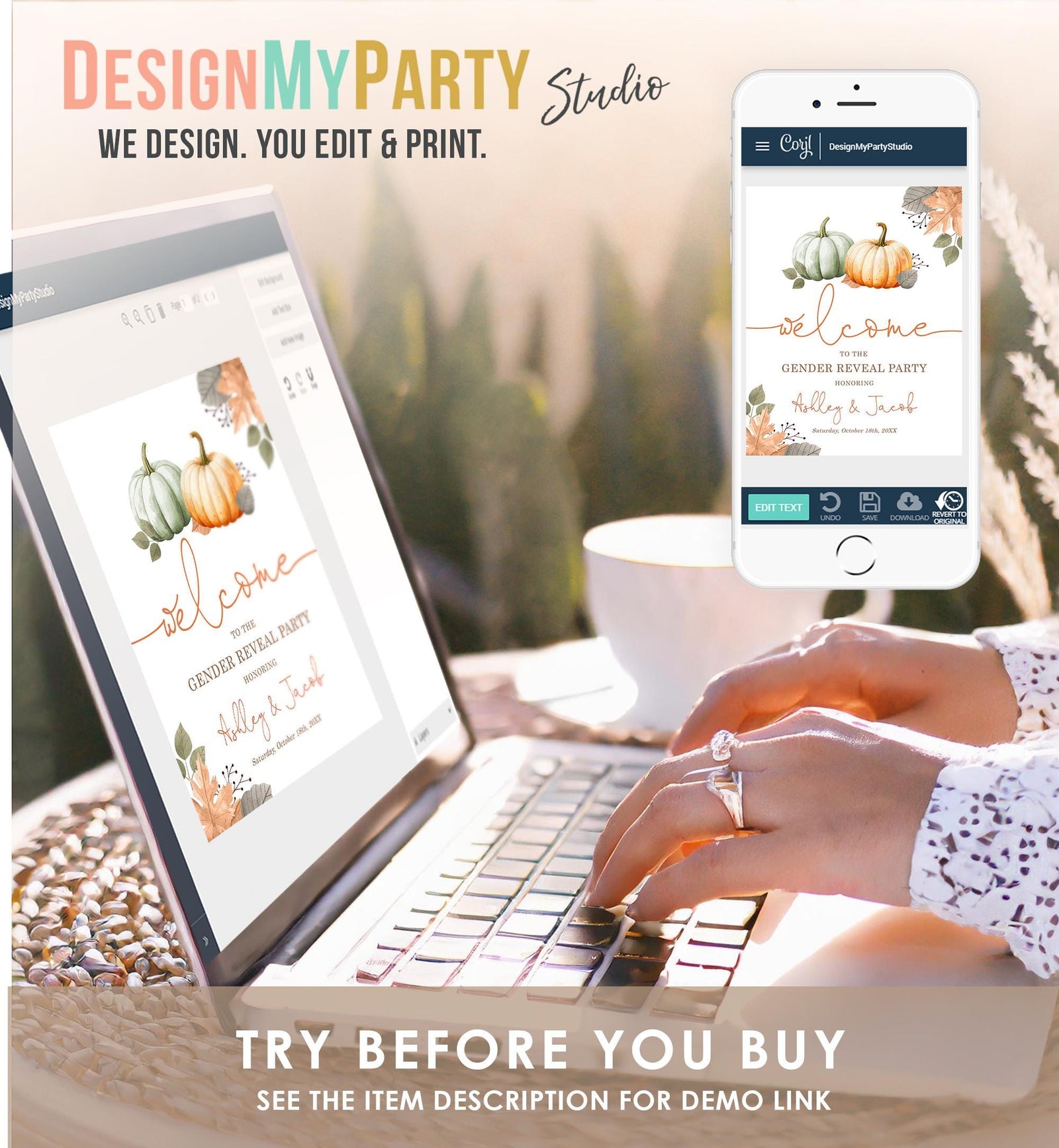Editable Pumpkin Gender Reveal Party Welcome Sign Baby Shower He or She Gender Neutral Boy or Girl Fall Boho Digital Template Printable 0489
