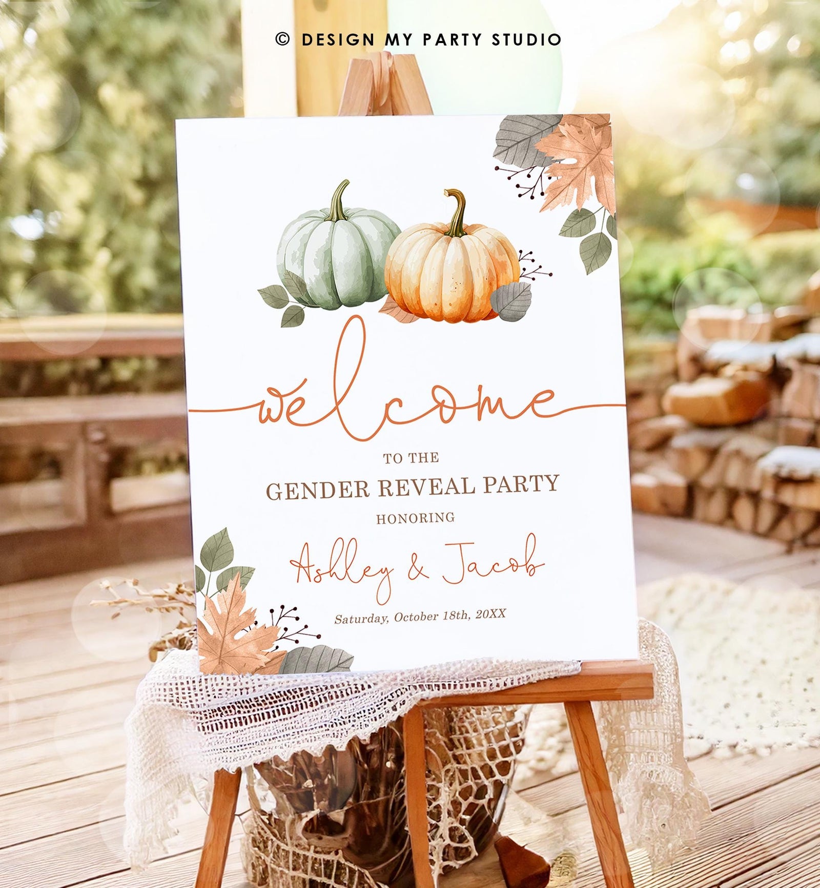 Editable Pumpkin Gender Reveal Party Welcome Sign Baby Shower He or She Gender Neutral Boy or Girl Fall Boho Digital Template Printable 0489