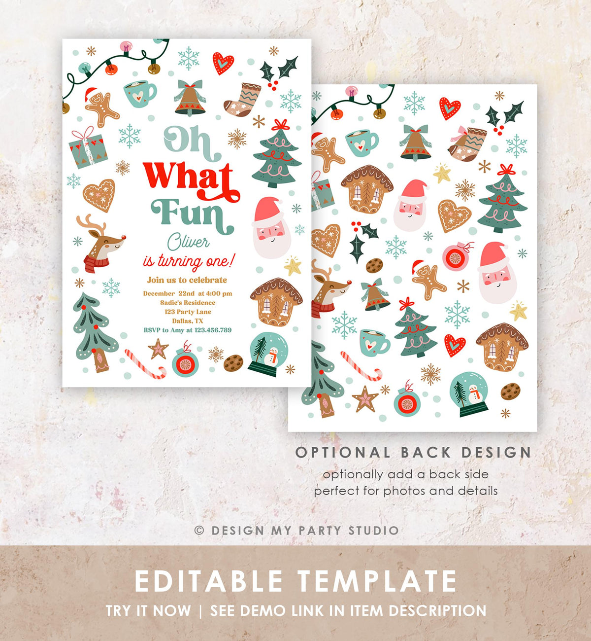 Editable Oh What Fun Christmas Birthday Party Invitation Red Green Boy Girl Winter 1st First Birthday Evite Template Download Printable 0529
