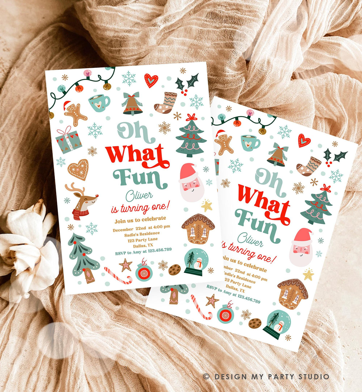 Editable Oh What Fun Christmas Birthday Party Invitation Red Green Boy Girl Winter 1st First Birthday Evite Template Download Printable 0529