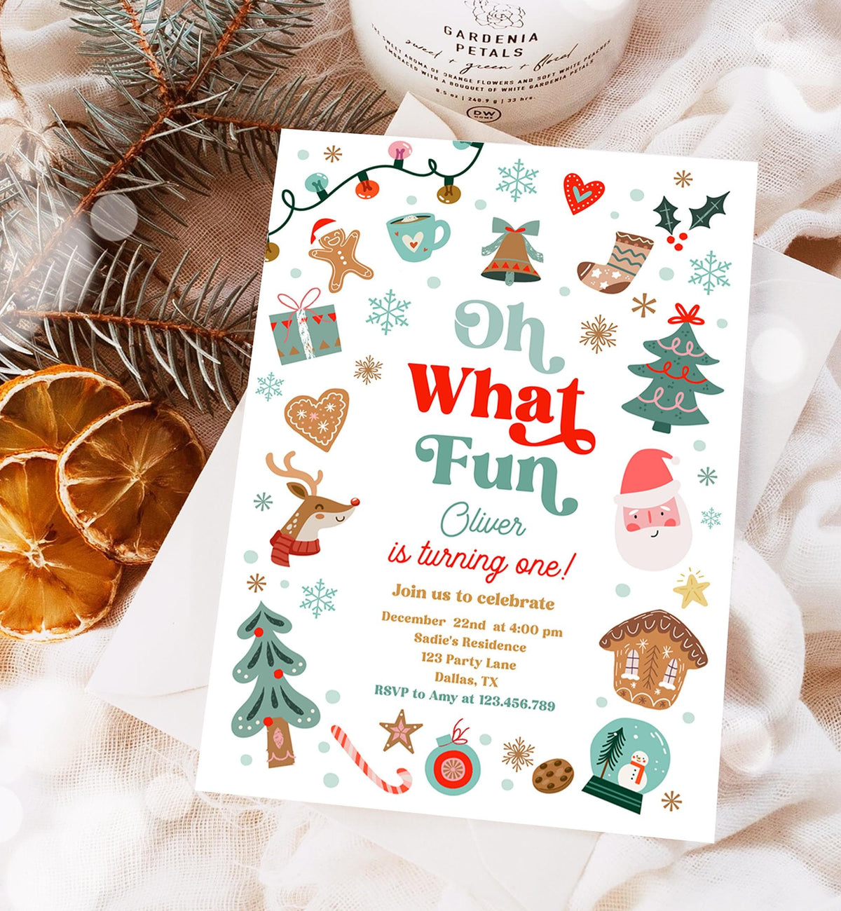 Editable Oh What Fun Christmas Birthday Party Invitation Red Green Boy Girl Winter 1st First Birthday Evite Template Download Printable 0529
