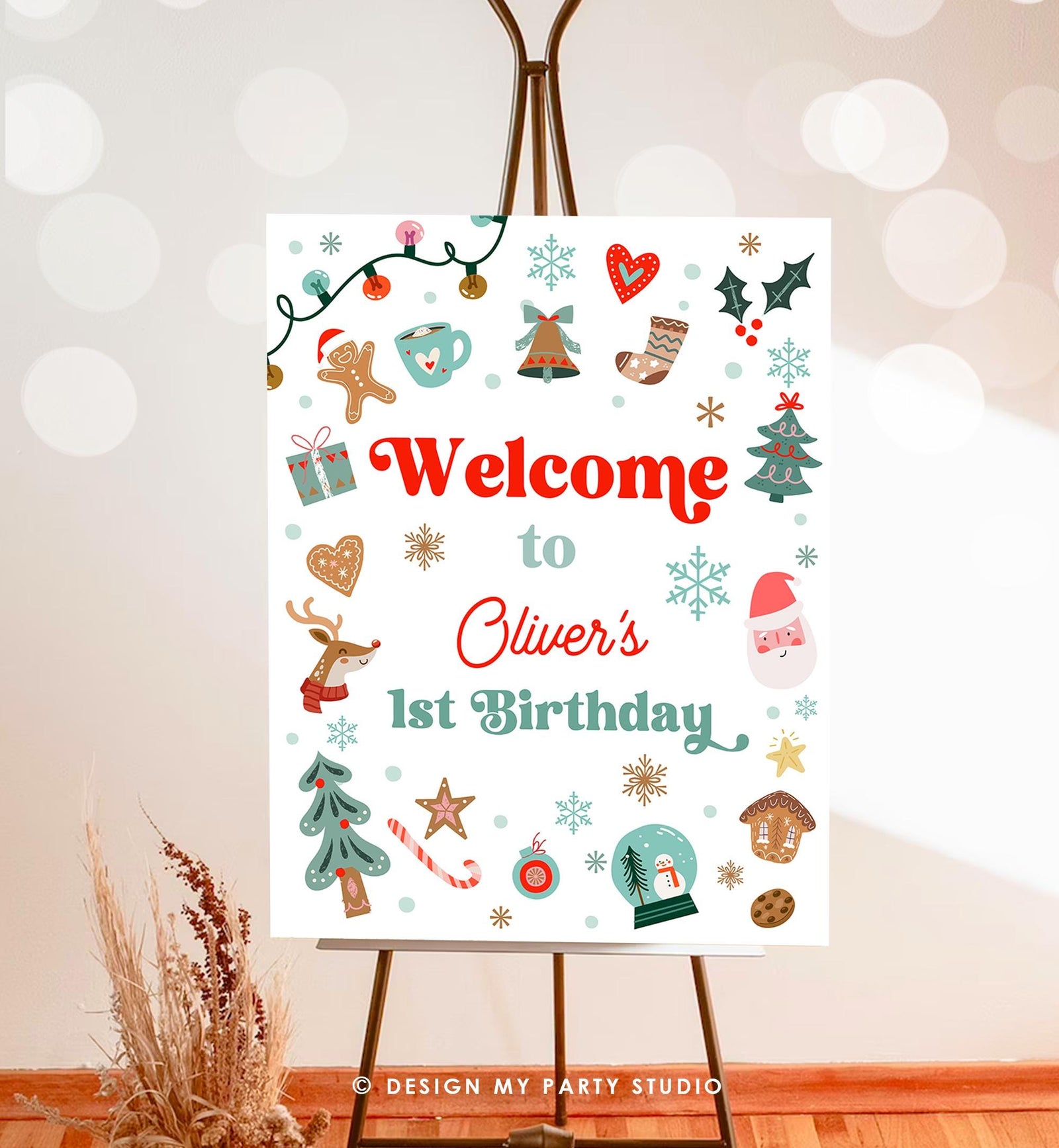 Editable Christmas Welcome Sign Winter Boy Girl Birthday Oh What Fun Santa Claus Cookies Holiday Party Digital Template Printable 0529