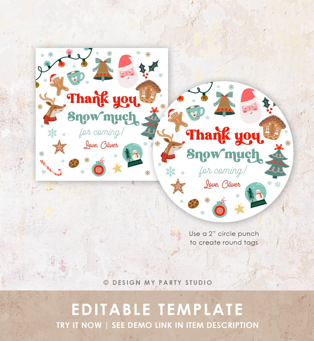 Editable Thank You Snow Much Favor Tag Sticker Christmas Winter Wonderland Red Boy Girl First Birthday Digital Template Printable 0529