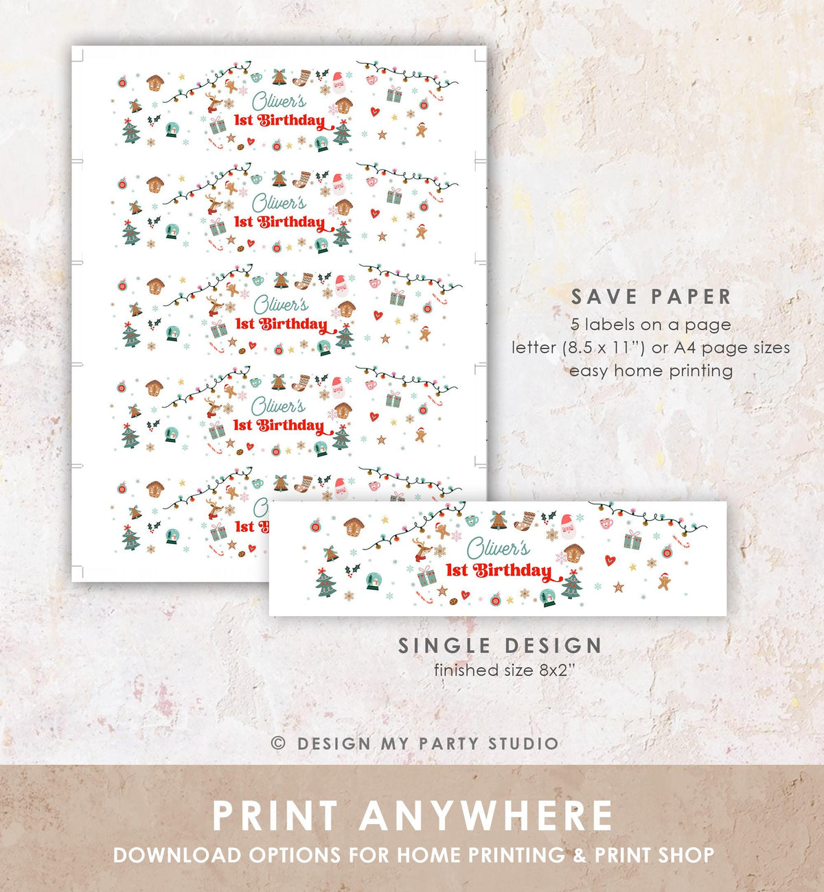 Editable Christmas Water Bottle Label Winter Onederland Wonderland Birthday Party Boy Holiday Digital Template Printable 0529