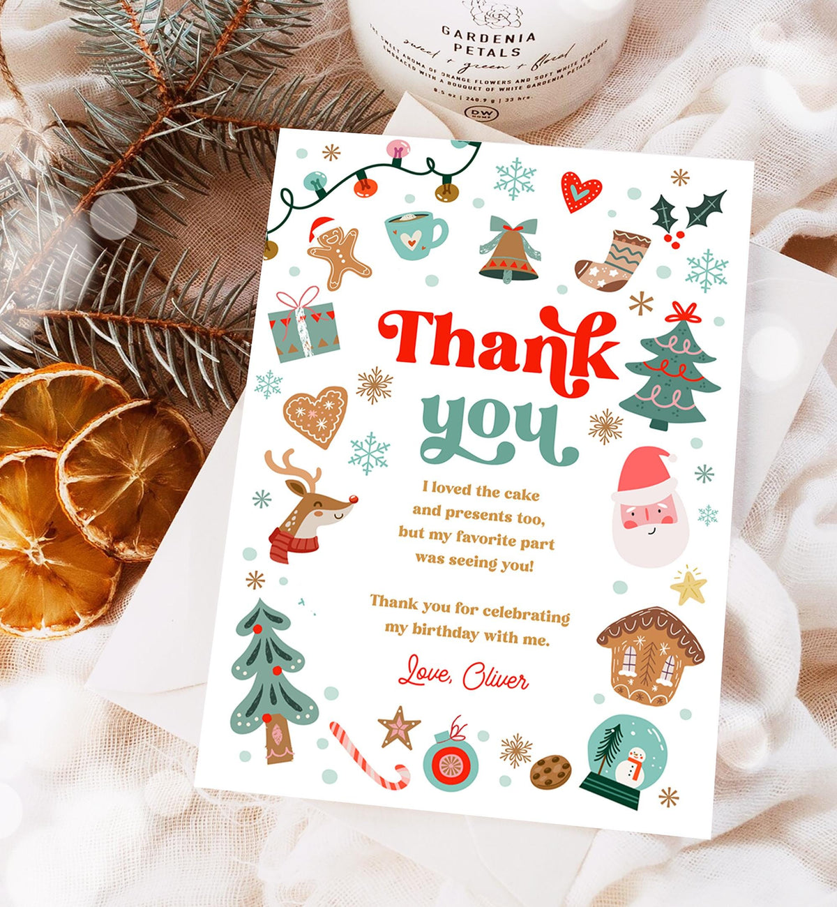 Editable Christmas Thank You Card Winter Onederland First Birthday Party Oh What Fun Boy Girl Snowflake Digital Template Printable 0529