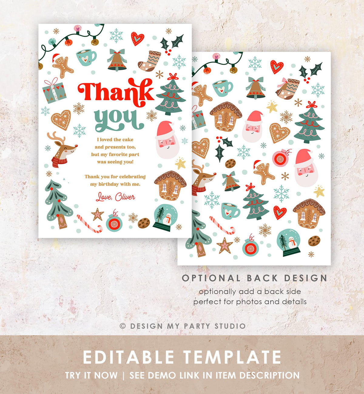 Editable Christmas Thank You Card Winter Onederland First Birthday Party Oh What Fun Boy Girl Snowflake Digital Template Printable 0529