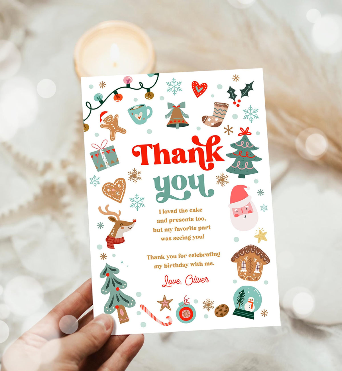 Editable Christmas Thank You Card Winter Onederland First Birthday Party Oh What Fun Boy Girl Snowflake Digital Template Printable 0529
