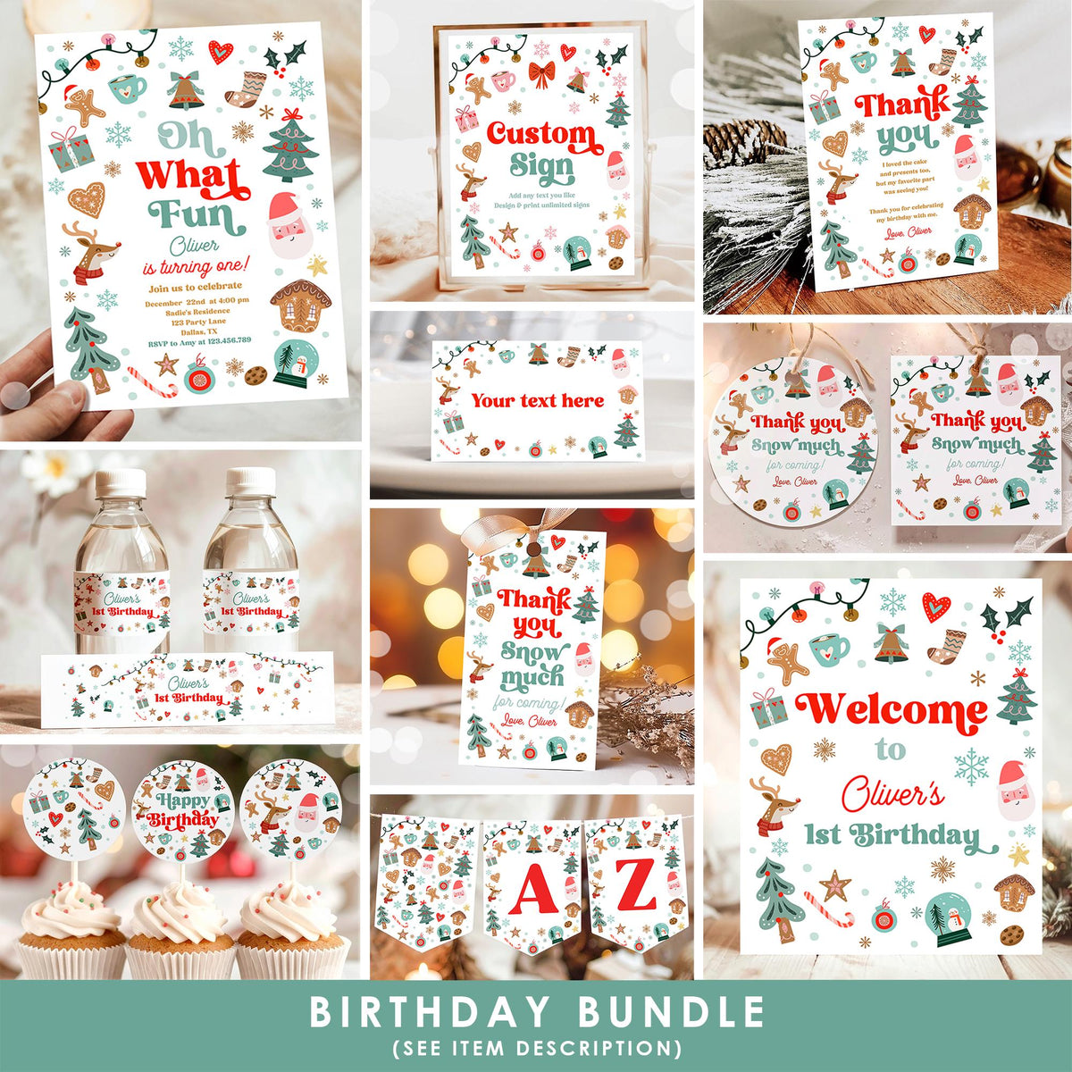 Christmas Birthday Bundle Winter Onederland Boy Girl First Birthday Wonderland Santa Gingerbread Cookies Digital Template Printable 0529