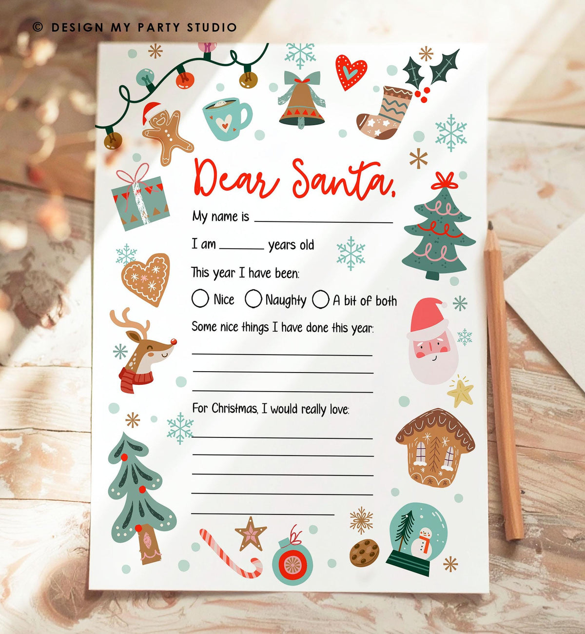 Christmas Wish List Letter to Santa for Kids Christmas Activity Christmas Fun Santa Wish List Printable Digital Instant Download 0529