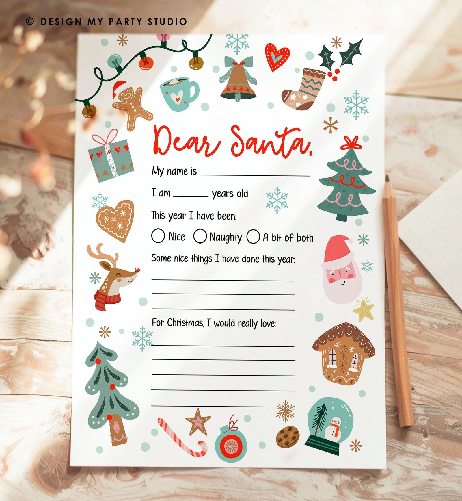 Christmas Wish List Letter to Santa for Kids Christmas Activity Christmas Fun Santa Wish List Printable Digital Instant Download 0529