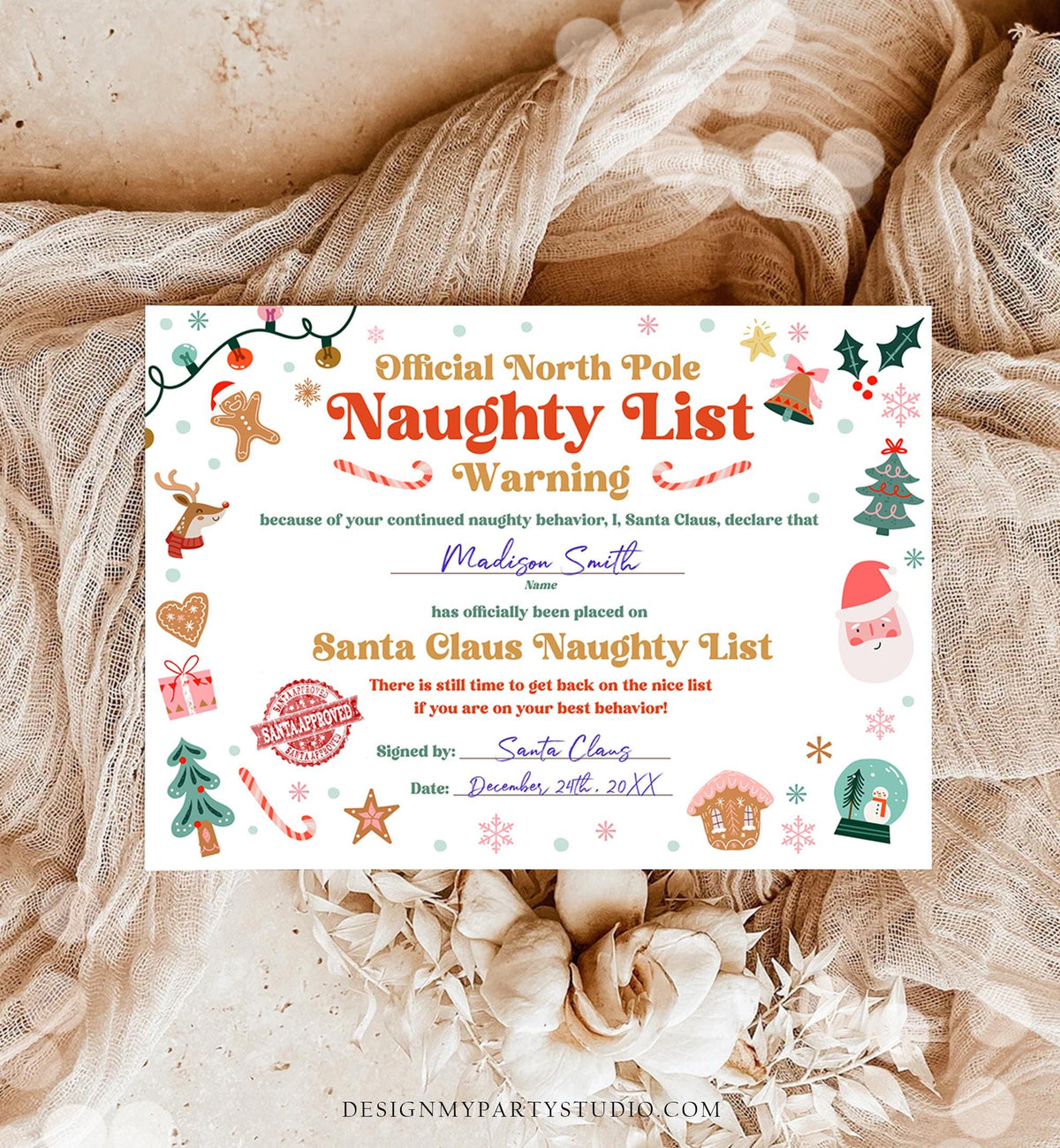 Editable Santa Claus Official Naughty List Warning Letter Certificate Desk Santa Claus Christmas North Pole Corjl Template Printable 0529