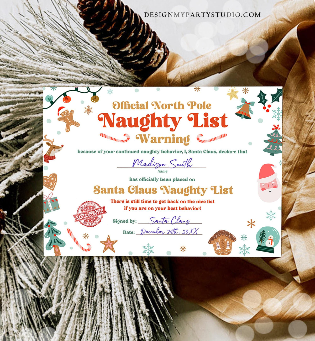Editable Santa Claus Official Naughty List Warning Letter Certificate Desk Santa Claus Christmas North Pole Corjl Template Printable 0529