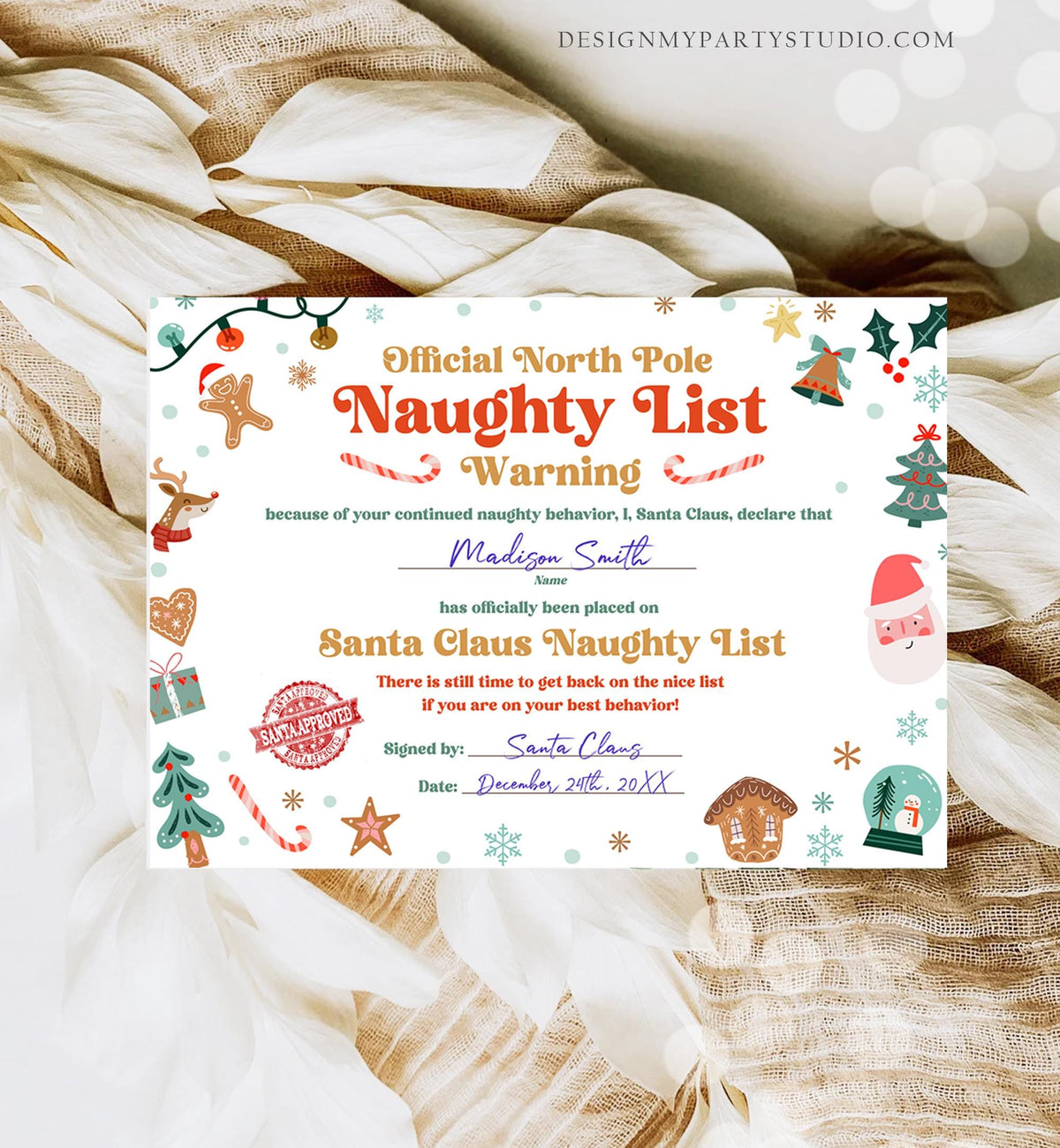 Editable Santa Claus Official Naughty List Warning Letter Certificate Desk Santa Claus Christmas North Pole Corjl Template Printable 0529