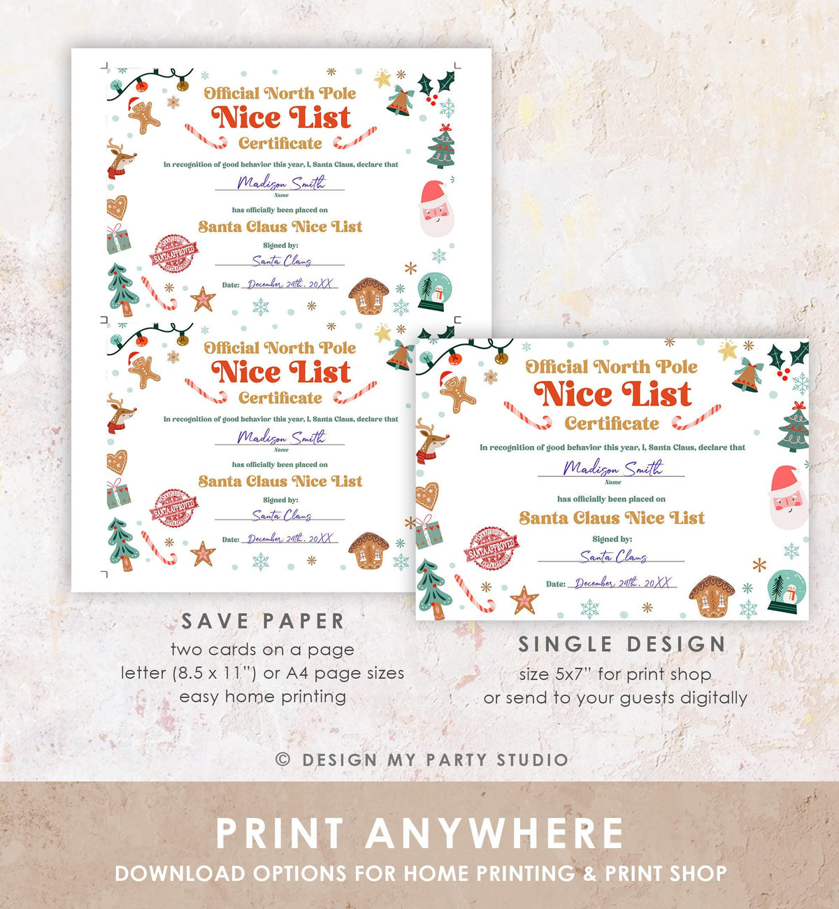 Editable Santa Claus Official Nice List Certificate Letter From Desk Santa Claus Christmas Eve North Pole Digital Template Printable 0529